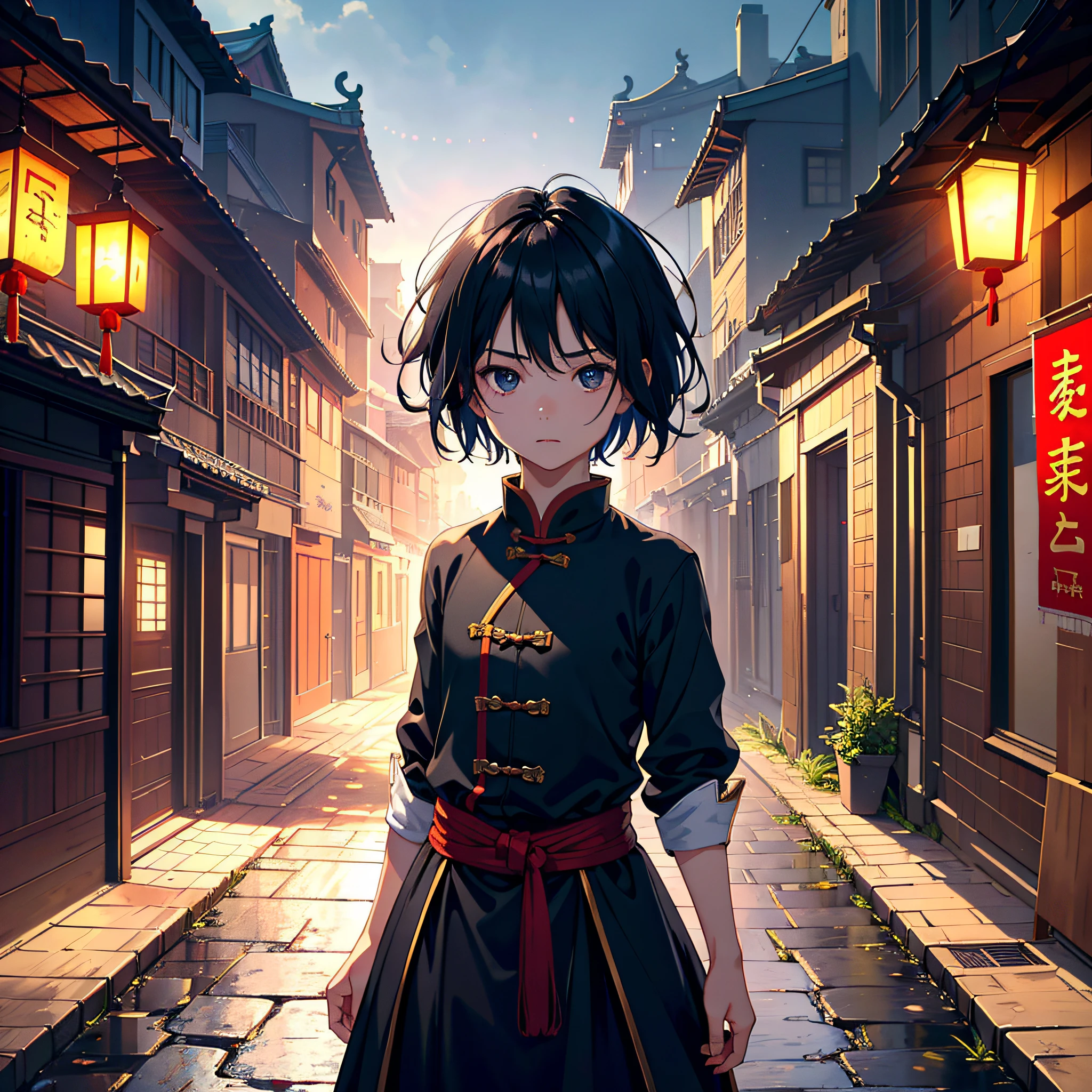Best Quality, Masterpiece, No Expression, Ultra High Resolution, Detailed Background, Realistic, 1 Person, Solo, 9 Year Old Boy, Cute, Short Black Hair, Black Eyes, Facial Hair, Standing Posture, Rural Chinese Courtyard, Real Shadows and Light, Depth of Field ((Highest Quality + Illustration + Masterpiece: 1.3 + Super Detail: 1.2)), (Super Detailed Face + Eyes), Cinematic Lighting, (Black + Short Hair), Zhongshan Costume,, Looking at the Audience (Casual Expression), Random Scene, Random Weather, (Color), (Slow motion: 1.2), (Soft Light and Shadow: 1.3).