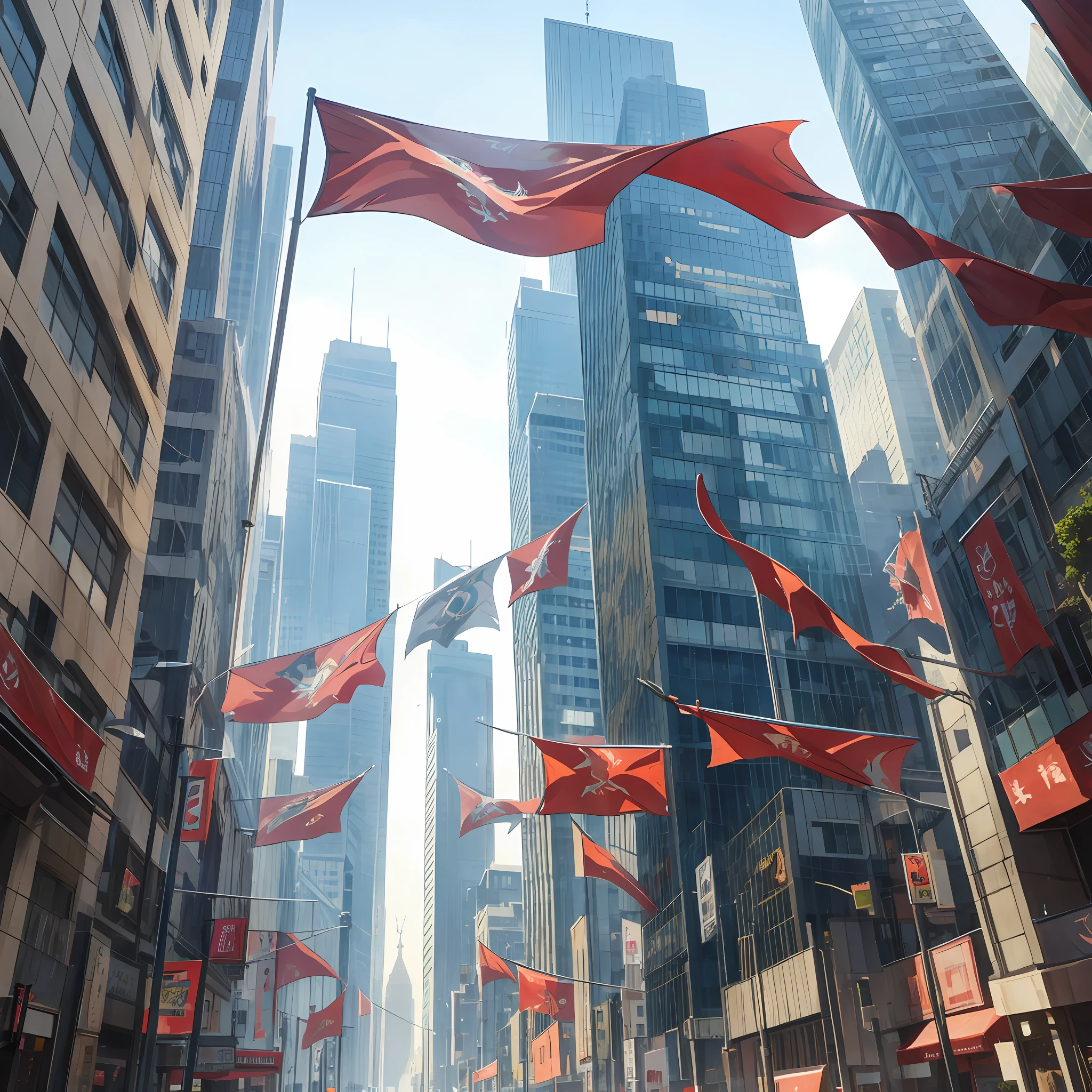 The city's high-rise buildings are covered with dragon flags