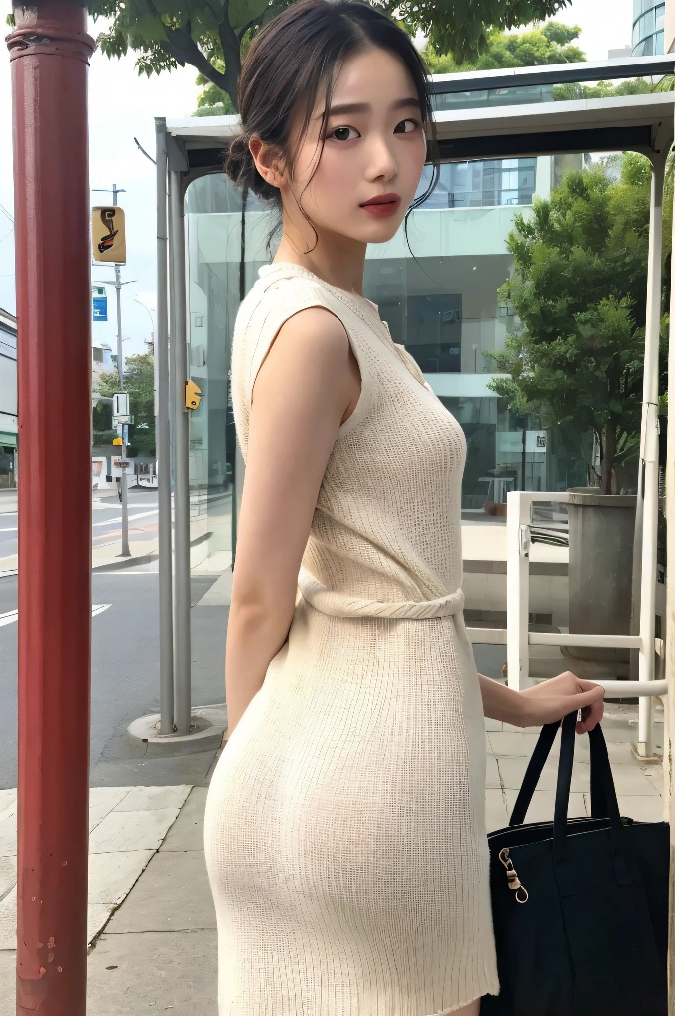 bus stop, waiting for the bus, linen white sleeveless knit dress, mini, sideways, big ass, big, no eye line