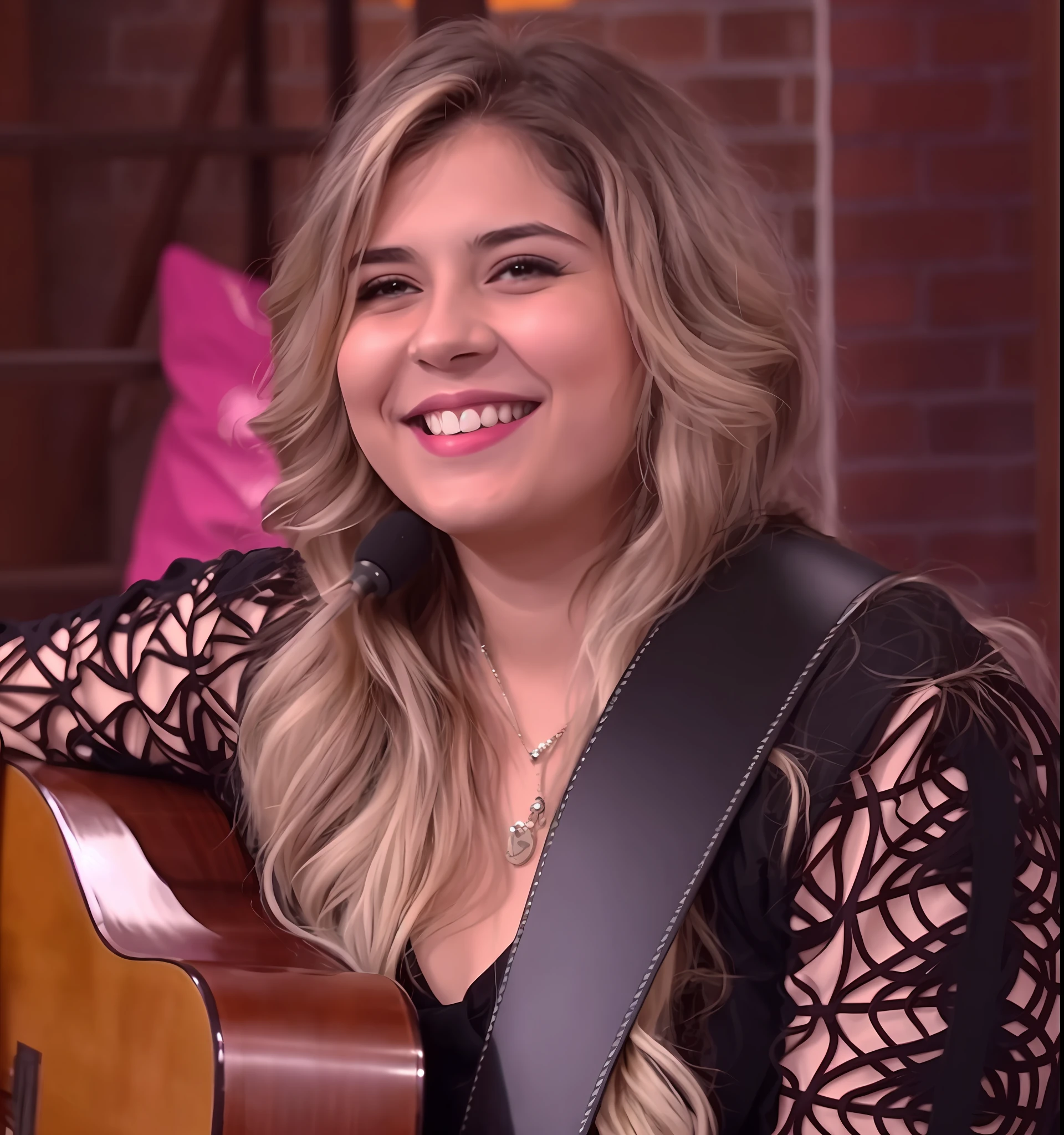 A woman with a guitar and a microphone in her hand, Marília Mendonça smiling