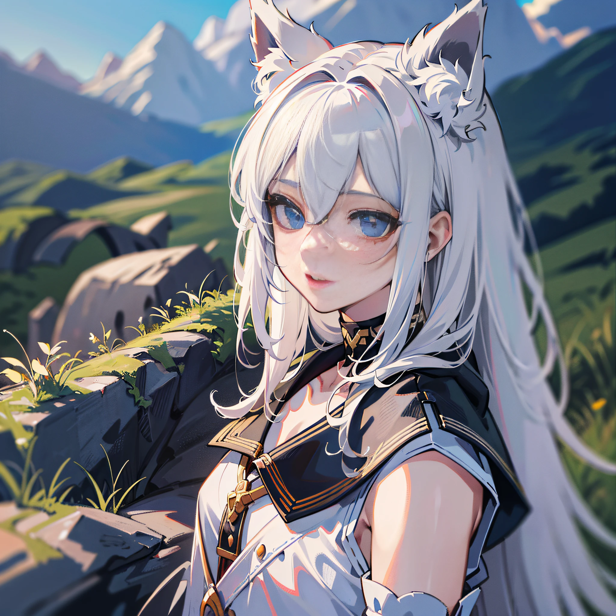 aknights，wolf，Italy，White hair,cool,(best quality), (masterpiece), (highres), original,a girl,the right eyes, extremely detailed 8K wallpaper, (an extremely) delicate,a butch girl，Gray-blue eyes，handsome，crazy,Love to figh，truthlessness,boyishness, just only one person,lappland,messy hair