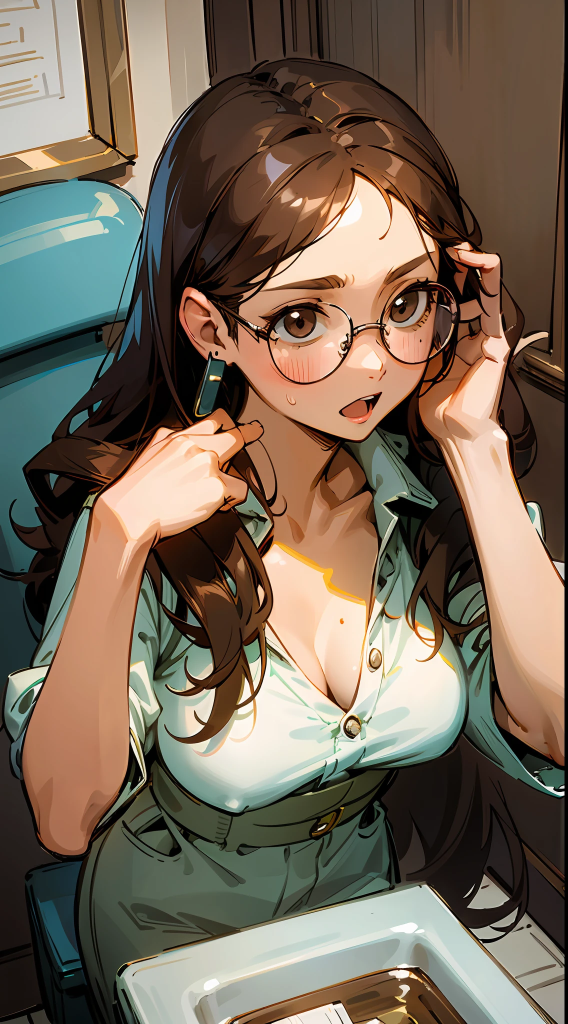 Masterpiece, of the best quality, a woman with long brown hair answering the phone, with glasses, a flustered expression, toilet, Artie Guéran style