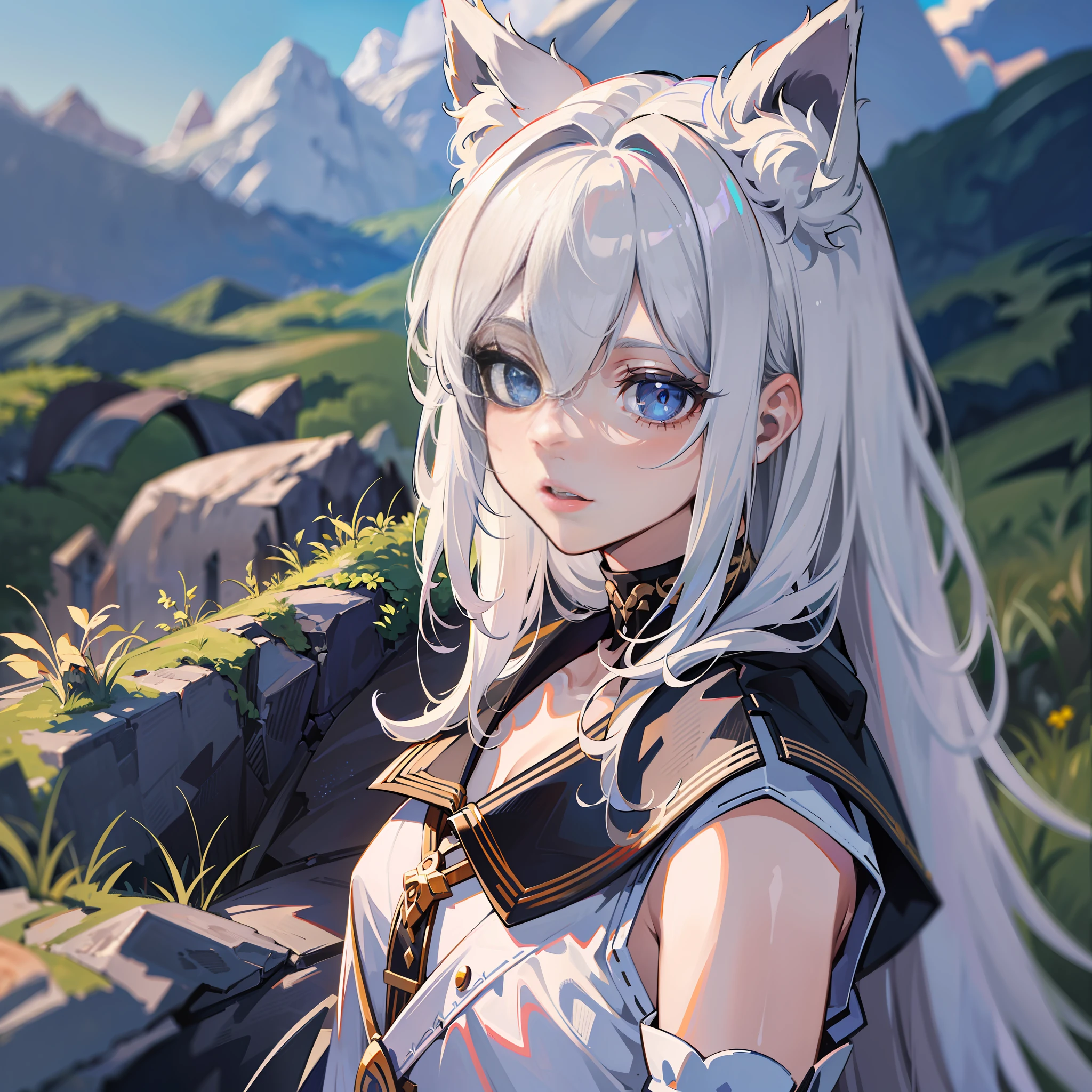 aknights,wolf,Italy,White hair,cool,(best quality), (masterpiece), (highres), original,a girl,the right eyes, extremely detailed 8K wallpaper, (an extremely) delicate,a butch girl,Gray-blue eyes,handsome,crazy,Love to figh,truthlessness,boyishness, just only one person,lappland,messy hair