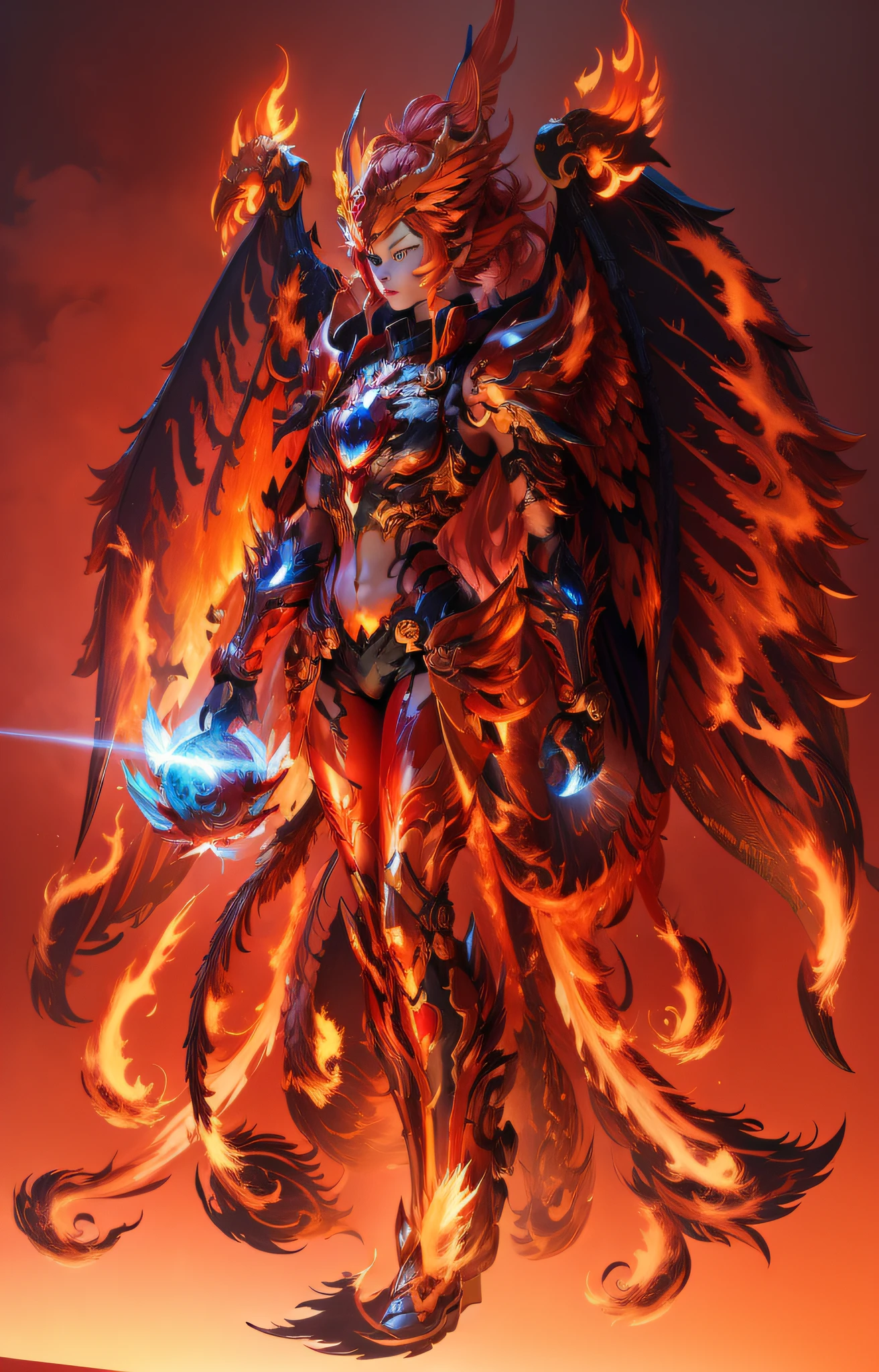 Suzaku divine beast, a female with Suzaku's head, wearing a sexy mecha, flame wings on the back, tail feathers with flames, holding a blue fireball in her hand, floating in the air, full body view, fantasy background, --auto --s2