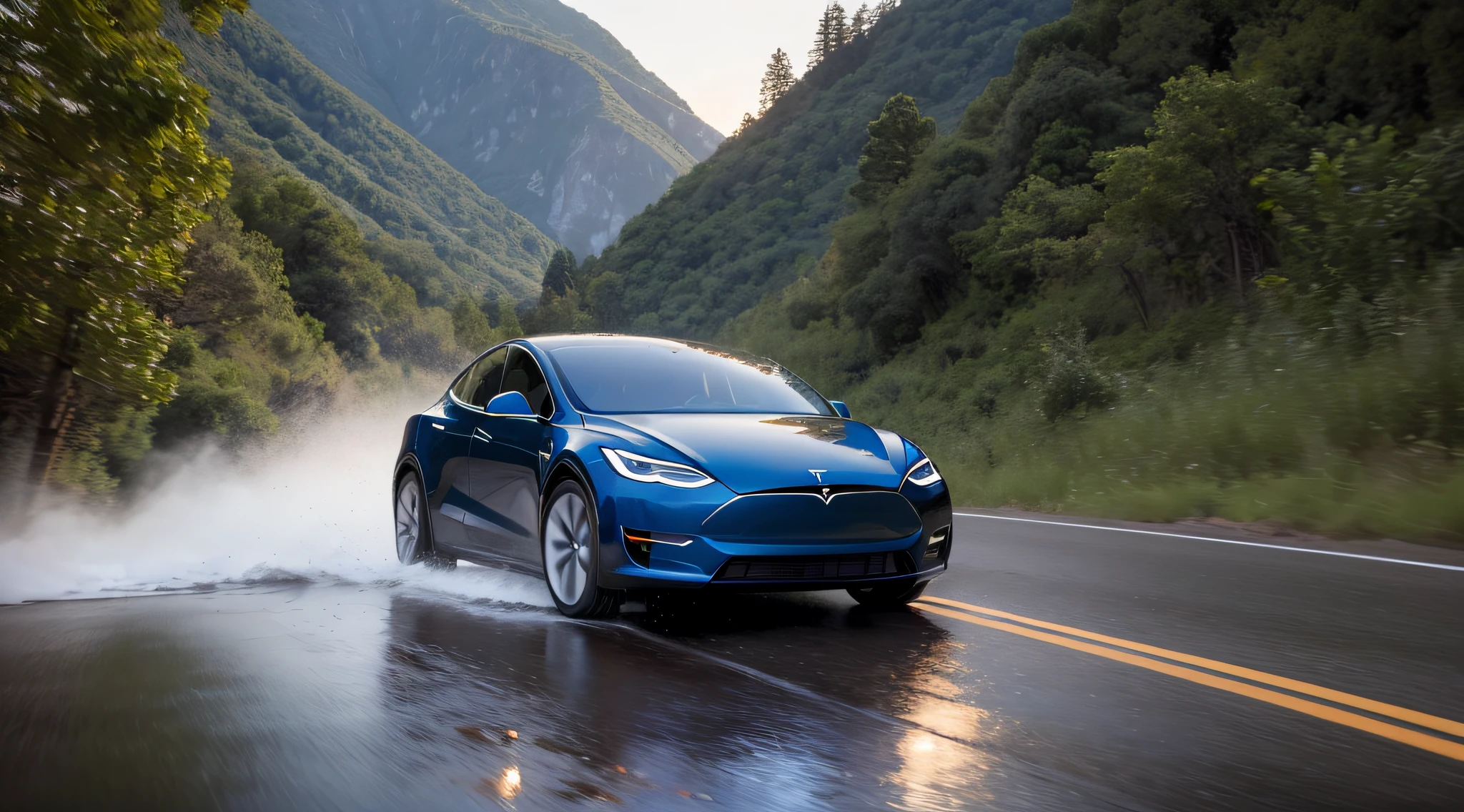 Low-angle shot, a dark blue Tesla Model Y speeding through a mountain trail at dawn, the car cornering at high speed, tires splashing water on the road, and the background is motion blurred