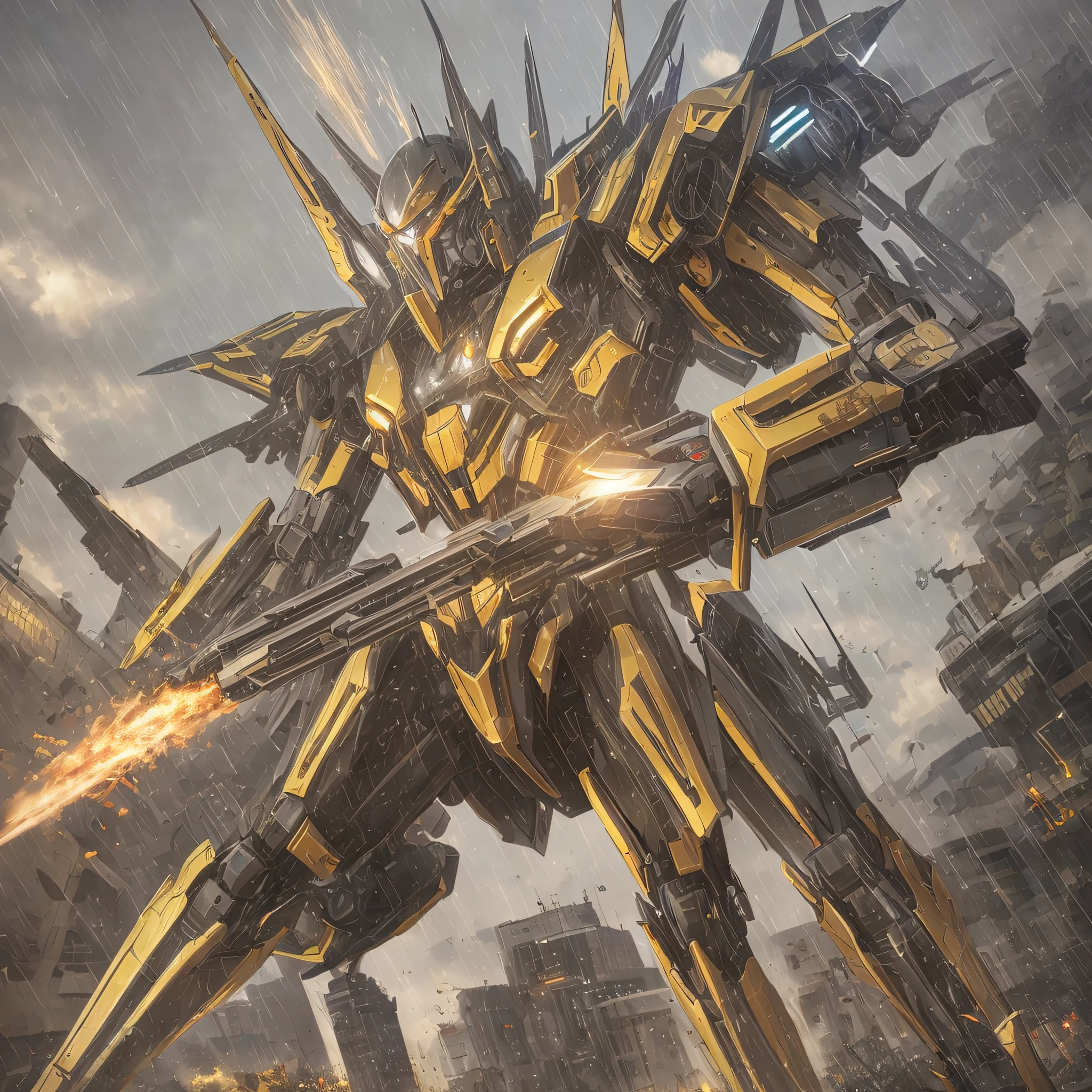 Large mecha, dark gold livery, realism, overflowing streamers, double-edged weapons, background of war smoke, rainy days --auto --s2