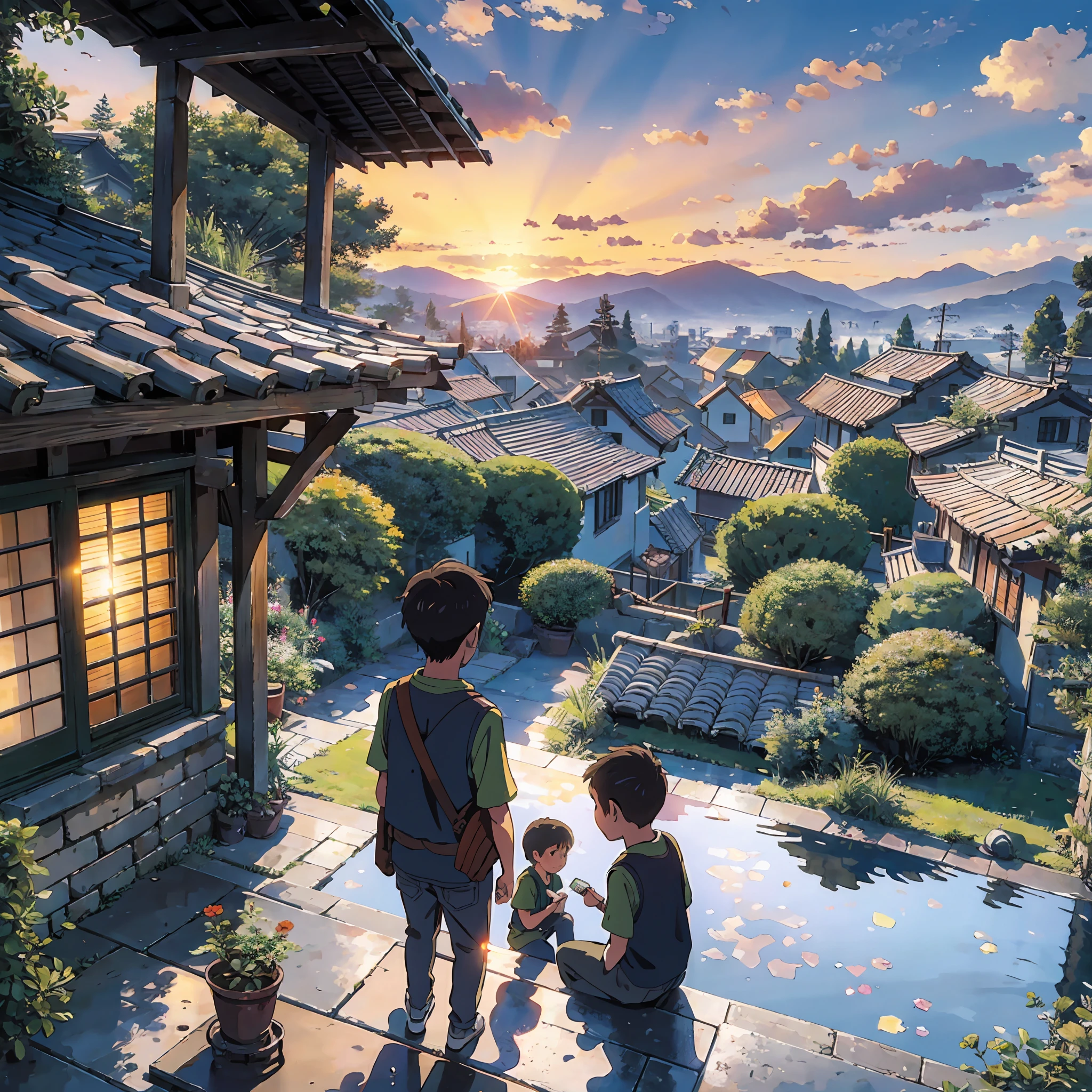 Miyazaki painting style, illustration, over-the-shoulder perspective, back, halo, a pair of brothers sitting under the eaves of green bricks and black tiles looking at the sunset in the distance, one of the slightly younger boys pointing to the distant scenery, sitting under the eaves, the picture perspective is over the shoulders of two boys looking at the sunset in the distance, there is a rolling mountain in the distance, the top of the mountain is a reddish sunset, below the mountain is a square rice field, pond, the edge of the blue sky is shining with orange red, the foreground of the photo can see a little black tile eaves, realistic oil painting