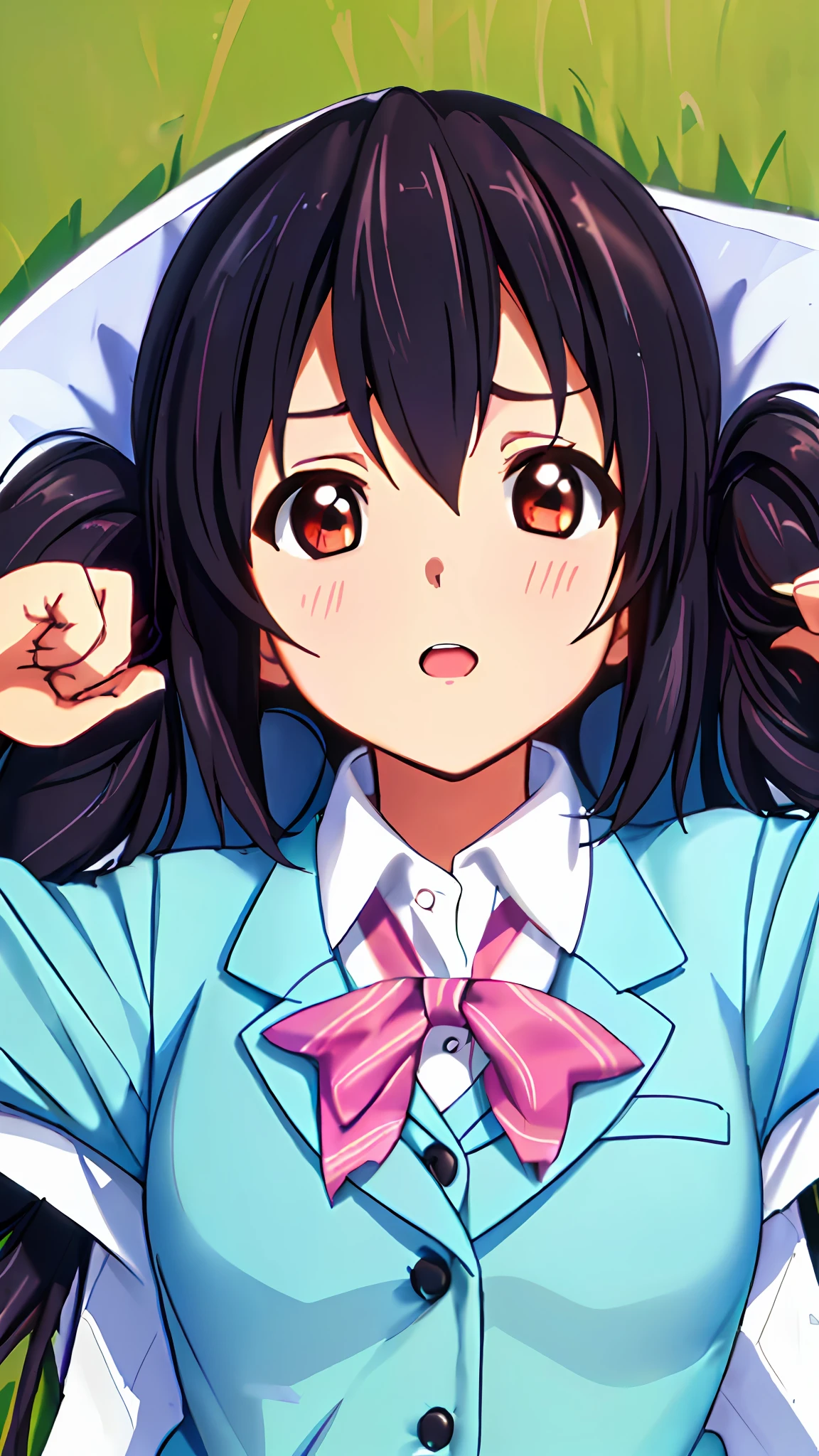 1girl, ((((Masterpiece))), Best Quality, Best Quality, High Detail, Azusa Nakano, 1girl, Sakuragaoka High School Uniform, Musical Instrument, School Uniform, Twin Tails, Long Hair, Black Hair, Brown Eyes, Solo, Red, Dark blue blazer with a thin ribbon of red, Solid white button shirt under blazer, Illustration, Cartoon, Soothing tones, Muted colors, Soft cinematic light, Adobe Lightroom, Photo Lab, HDR, complex and highly detailed, (((depth of field))))). (((Masterpiece))). (((highest quality))).) ((super detail))). (((Illustration))). (((Outside))). (((fighting stance))).,(((Lying down))).dynamic focus.small breasts.. (((Face of sadness))). Open mouth.Close your eyes.Spread your arms.Ground.Lie on your back.
