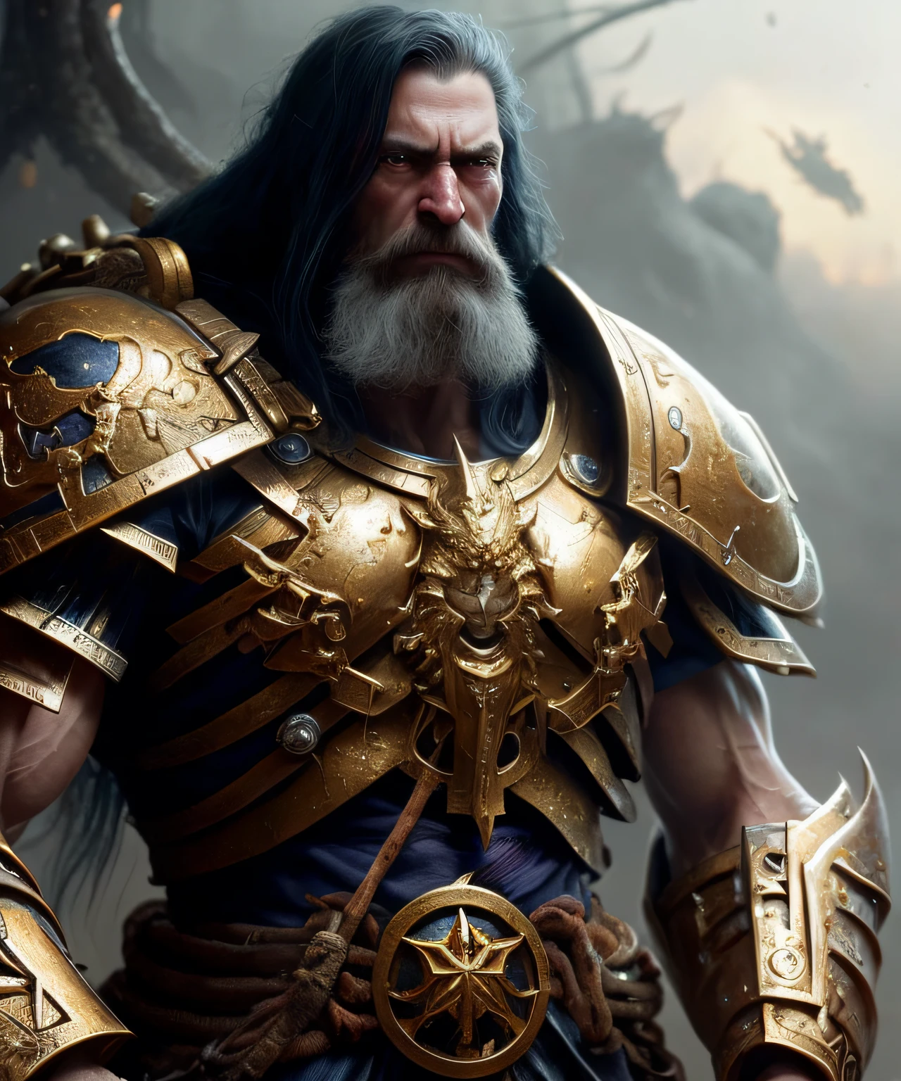 raw foto,(Detailed illustration: 1.3) of (Painting: 1.3) A (Full body: 1.3) Shot in 8k resolution, splashes, dreamy comic book style, realistic, intense look, anatomically realistic digital painting Portrait (Old Man: 1.3) Man (Warrior: 1.3) Black and gold complex (heavy armor: 1.3) in (dark and capricious universe: 1.3), light particles, very detailed skin, samurai, very detailed eyes, (Elden Ring Style:  1.3), (Warhammer Style: 1.1), concept artist, global illumination, depth of field, splash art, artgerm and art by Greg Rutkowski and Victoria Gavrilenko
