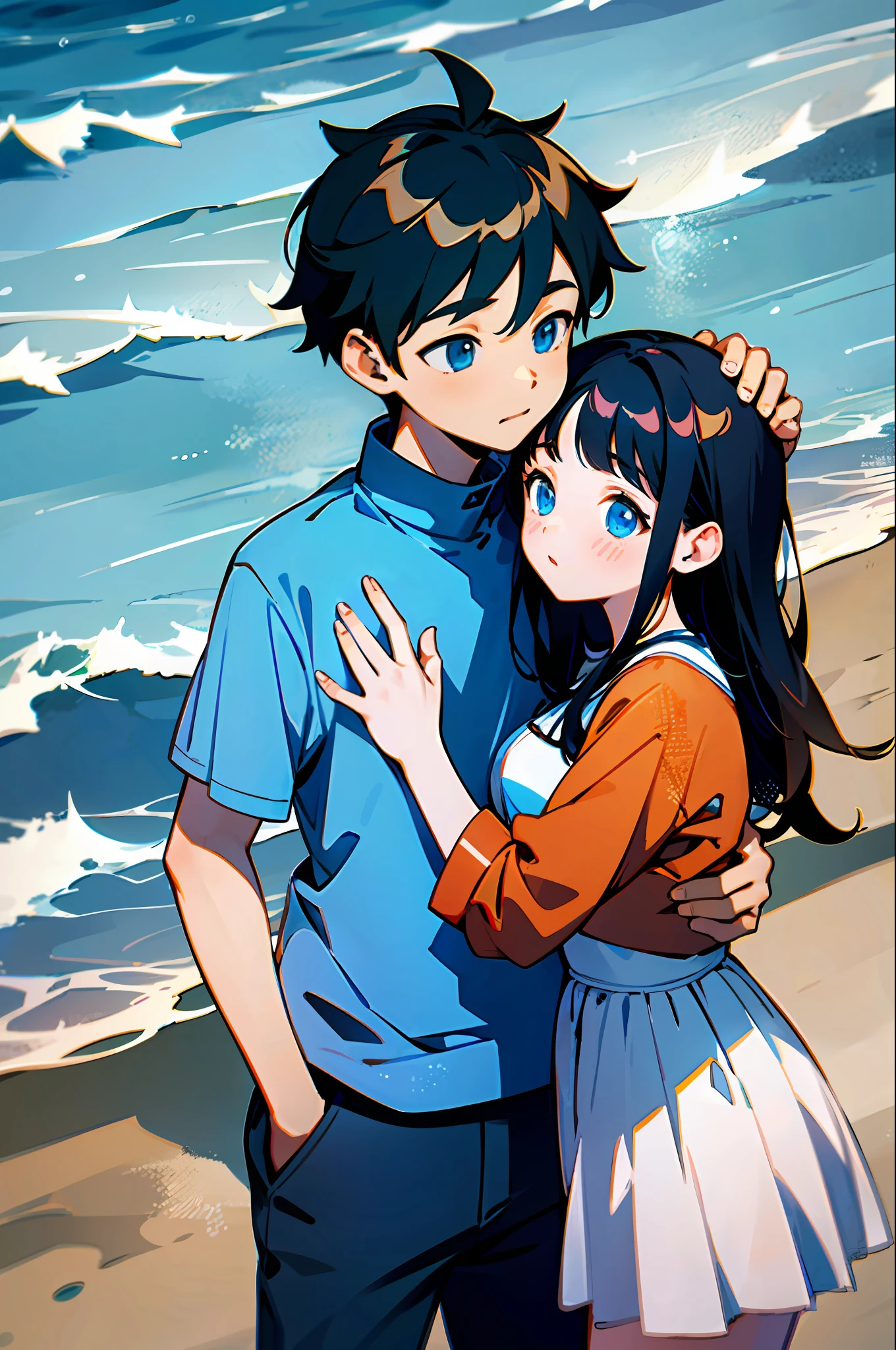 1 boy and 1 girl hugging, at the beach, the girl looks at the boy with her head up