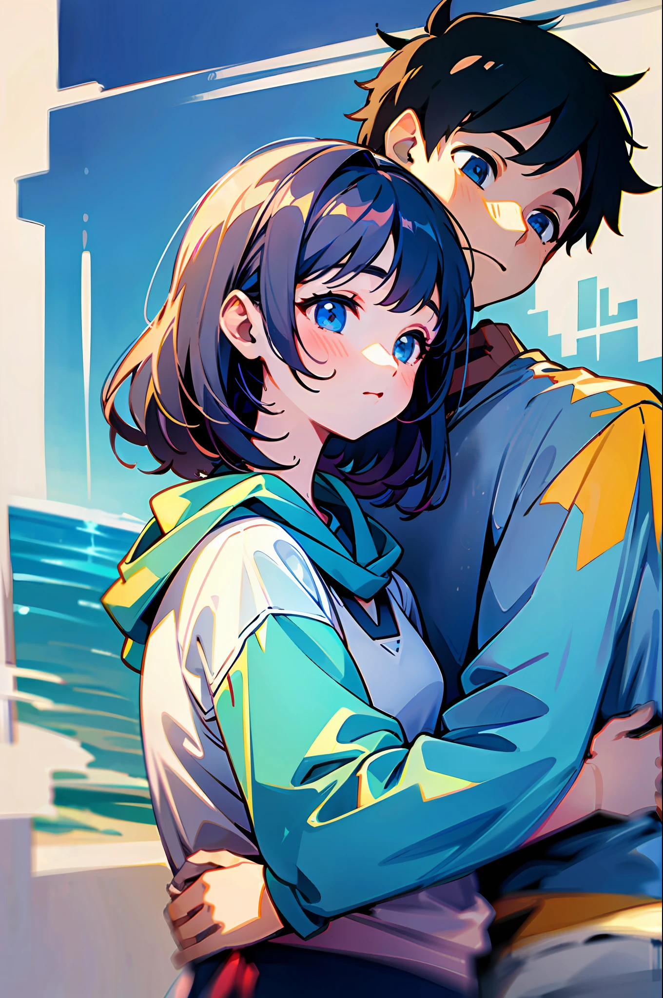 1 boy and 1 girl hugging, at the beach, the girl looks at the boy with her head up