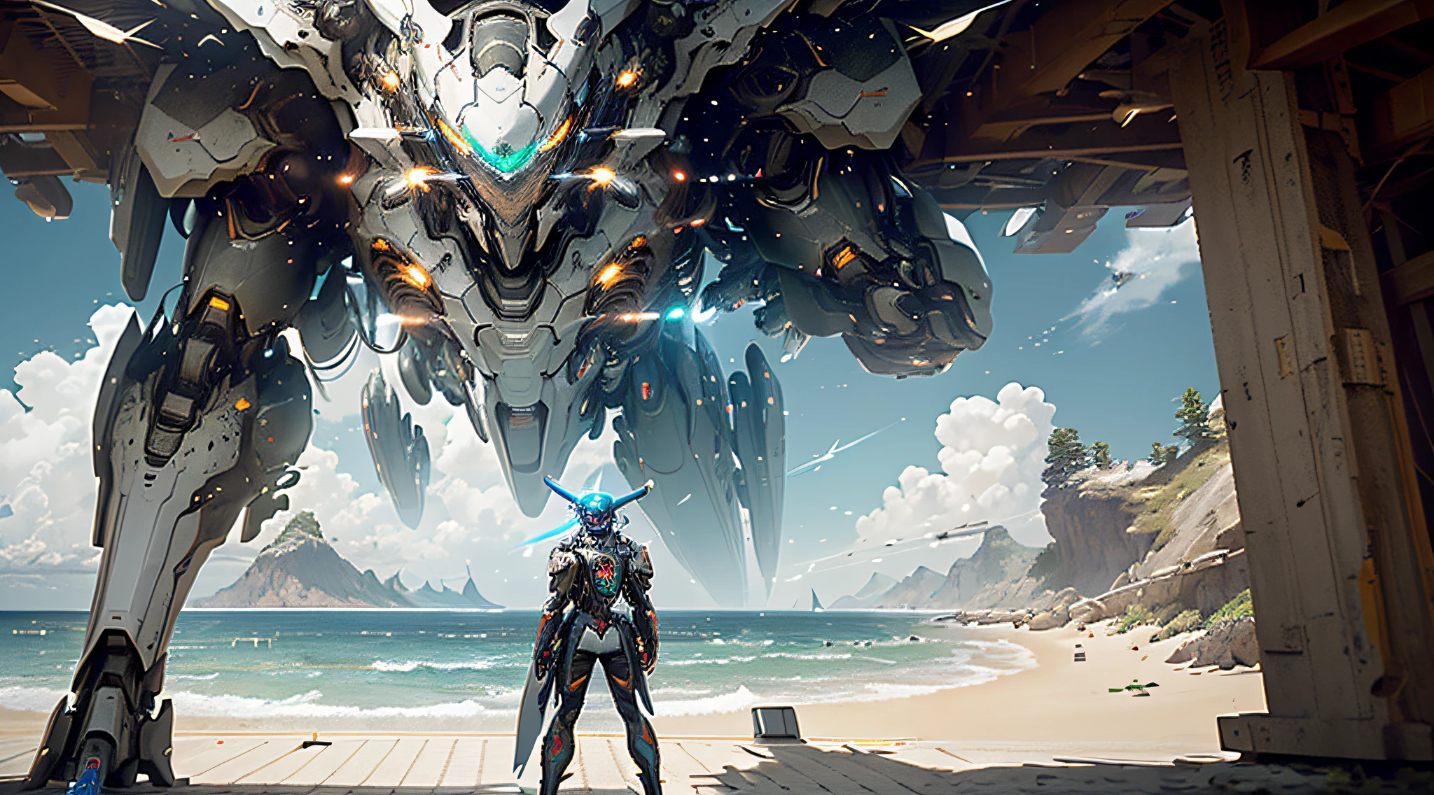 ((Best quality)), ((masterpiece), (highly detailed:1.3), 3D, Pretty, (cyberpunk:1.2), Sea background, Nebula, holding_weapon, (1Female mecha: 1.3), facing viewer, glowing eyes, full body, (flying, diving down, dynamic, Motion Blur: 1.4), (Giant Mech Wings: 1.6), Look Up, glowing_eyes, Mecha, Panorama, Pacific Sea in the background, Nebula Particles, Reality, HDR (High Dynamic Range), Ray Tracing, NVIDIA RTX, Super Resolution, Unreal 5, Subsurface Scattering, PBR Textures, Post-processing, Anisotropic Filtering, Depth of Field, Maximum Sharpness and Sharpness, Multi-layer Textures, Albedo and Specular Maps, Surface shading, Accurate simulation of light-material interactions, Perfect Proportions, Octane Render, Two-tone illumination, Large aperture, Low ISO, White balance, Rule of thirds, 8K RAW, High Performance Sub-Pixel, Subpixel Convolution, at sea