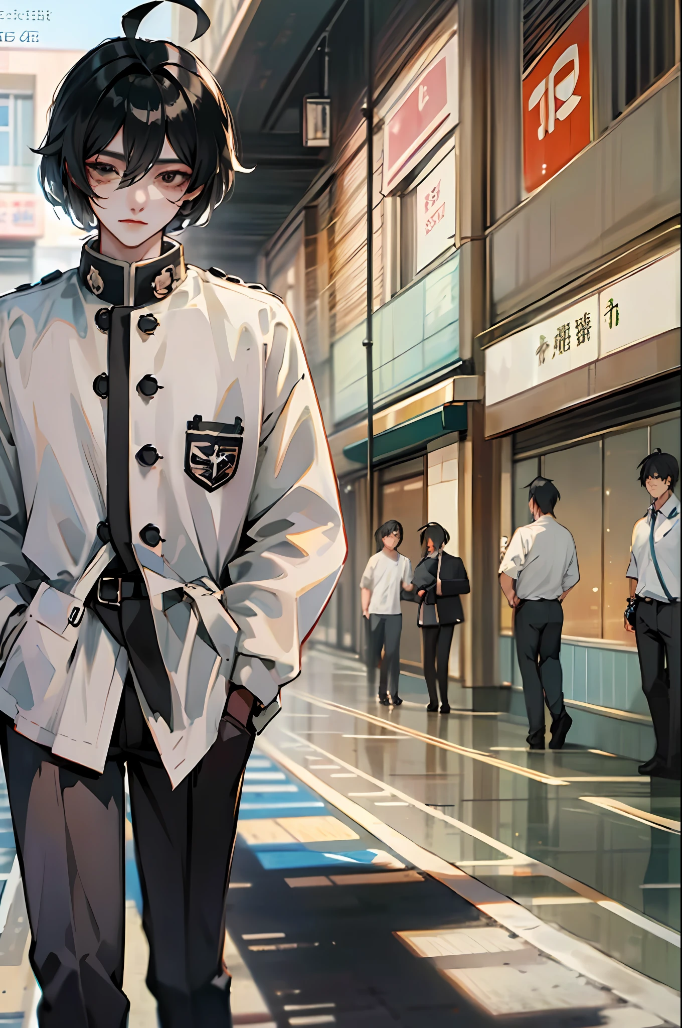 (Masterpiece: 1.2), Best Quality, Intricate, Stunning, Extremely detailed, Ridiculous, Illustrations, Line Art, Movie Lens, High School Boy, High, Sport, Detailed Face, Detailed Eyes, Black Eyes, Black Hair, Hair More Than One Eye, Ahoge, Wearing Gakuran, Detailed fabric emphasis, Red buttons, Standing, Hands in pockets, Naoezu High School Building, Crosswalk, --auto --s2