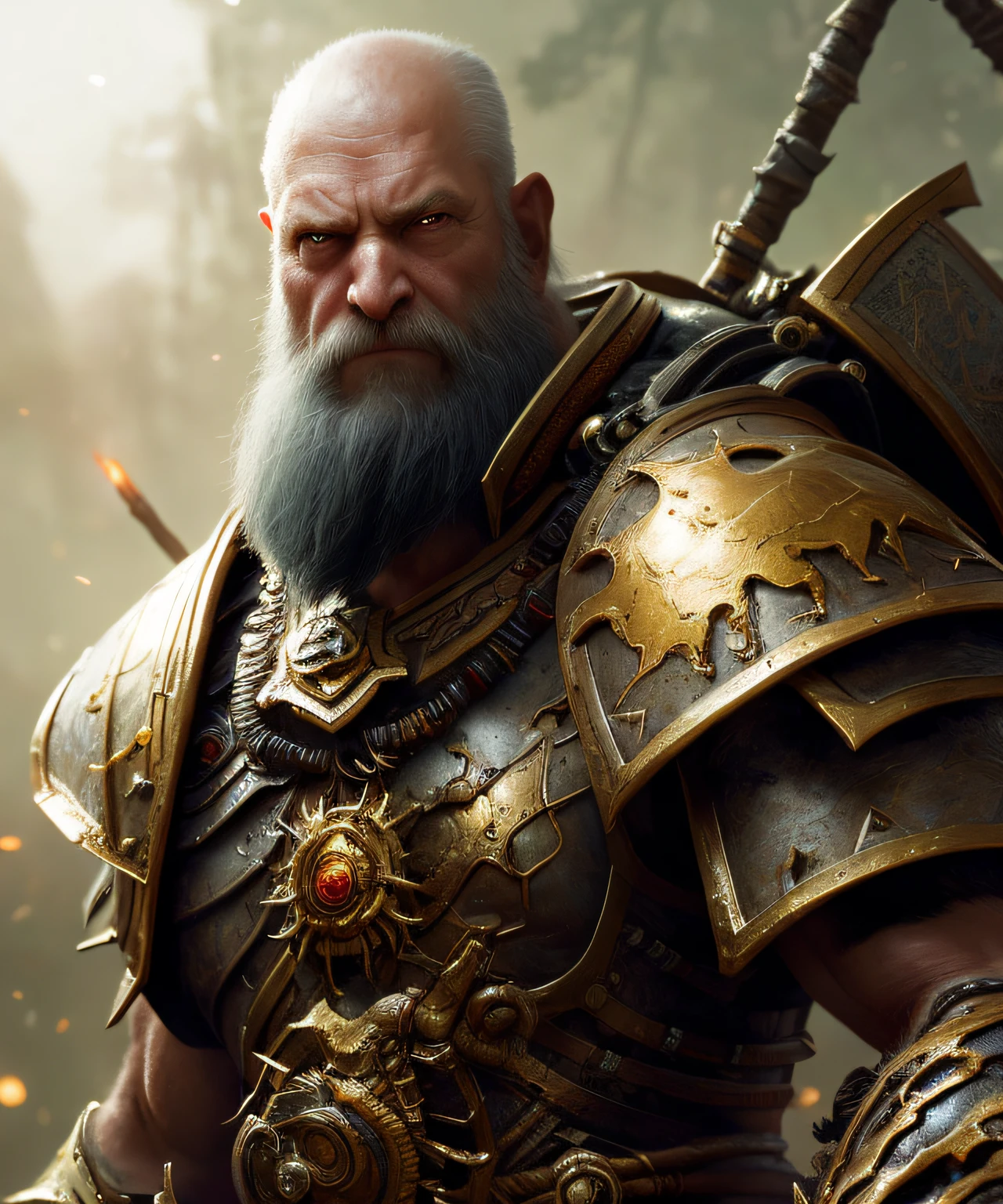 raw foto,(Detailed illustration: 1.3) of (Painting: 1.3) A (Full body: 1.3) Shot in 8k resolution, splashes, dreamy comic book style, realistic, intense look, anatomically realistic digital painting Portrait (Old Man: 1.3) Man (Warrior: 1.3) Black and gold complex (heavy armor: 1.3) in (dark and capricious universe: 1.3), light particles, very detailed skin, samurai, very detailed eyes, (Elden Ring Style: 1.3), (Warhammer Style: 1.1), concept artist, global illumination, depth of field, splash art, artgerm and art by Greg Rutkowski and Victoria Gavrilenko