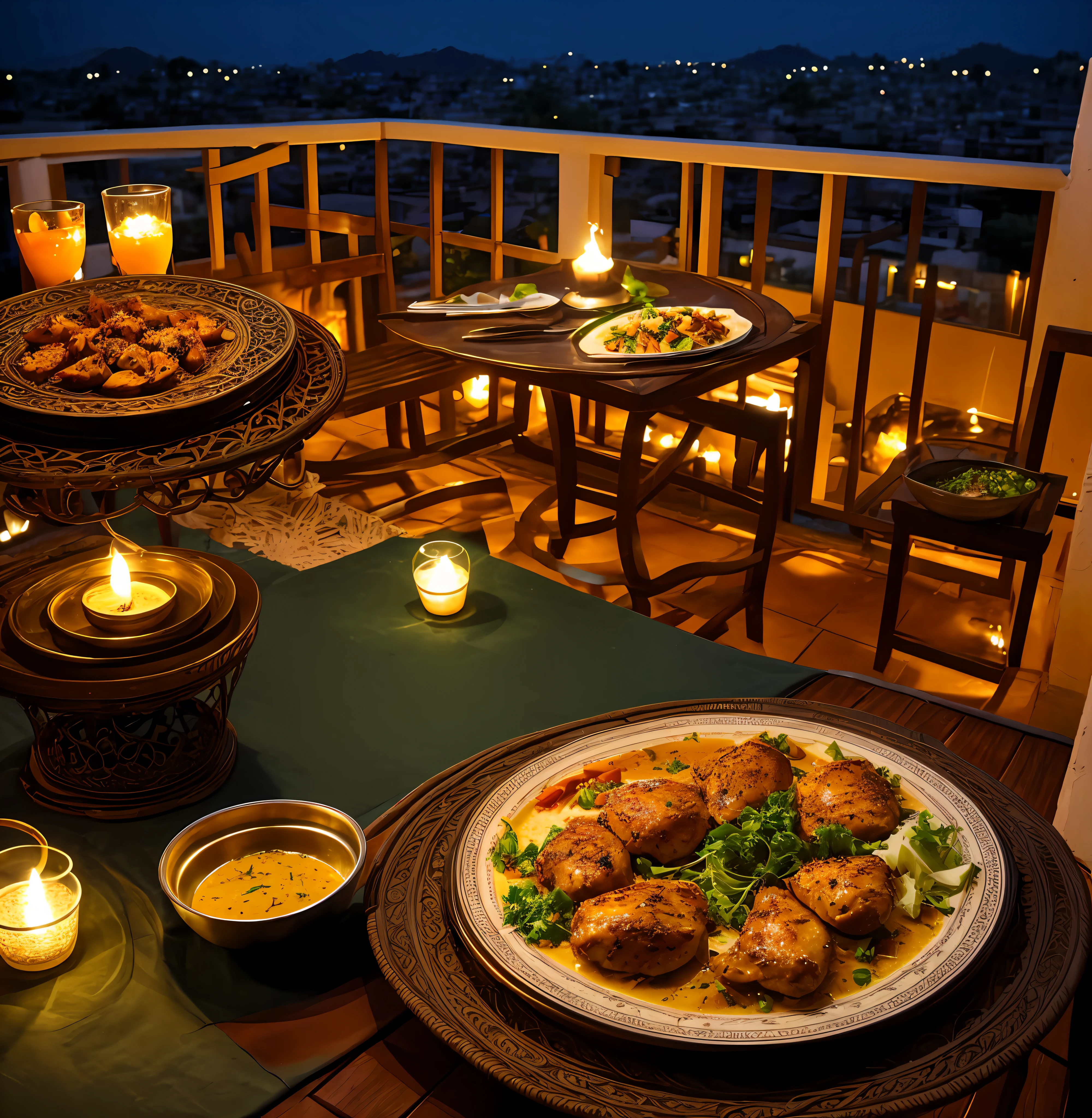 A plate of chicken kosha, balcony view, dinner, nature view, ((intricate details)), lights