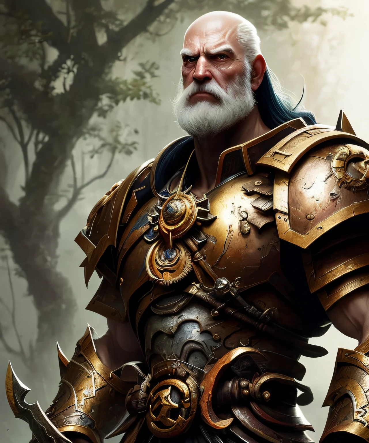 raw foto,(Detailed illustration: 1.3) of (Painting: 1.3) A (Full body: 1.3) Shot in 8k resolution, splashes, dreamy comic book style, realistic, intense look, anatomically realistic digital painting Portrait (Old Man: 1.3) Man (Warrior: 1.3) Black and gold complex (heavy armor: 1.3) in (dark and capricious universe: 1.3), light particles, very detailed skin, samurai, very detailed eyes, (Elden Ring Style: 1.3), (Warhammer Style: 1.1), concept artist, global illumination, depth of field, splash art, artgerm and art by Greg Rutkowski and Victoria Gavrilenko