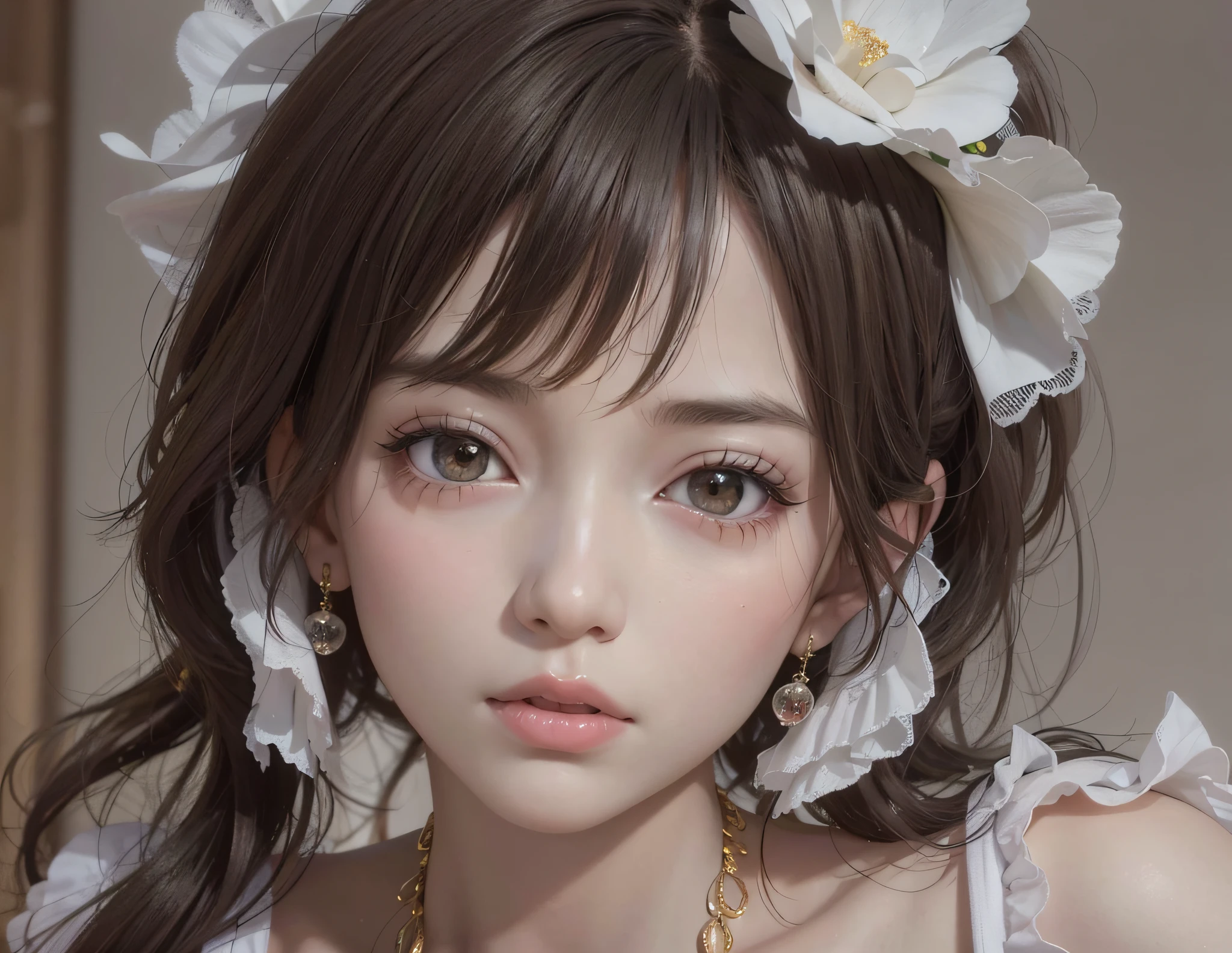 there is a woman with a flower in her hair posing for a picture, kawaii realistic portrait, artwork in the style of guweiz, guweiz, stunning anime face portrait, detailed portrait of anime girl, realistic. cheng yi, beautiful anime portrait, wlop loish and clamp style, realistic young anime girl, realistic anime 3 d style, photorealistic anime