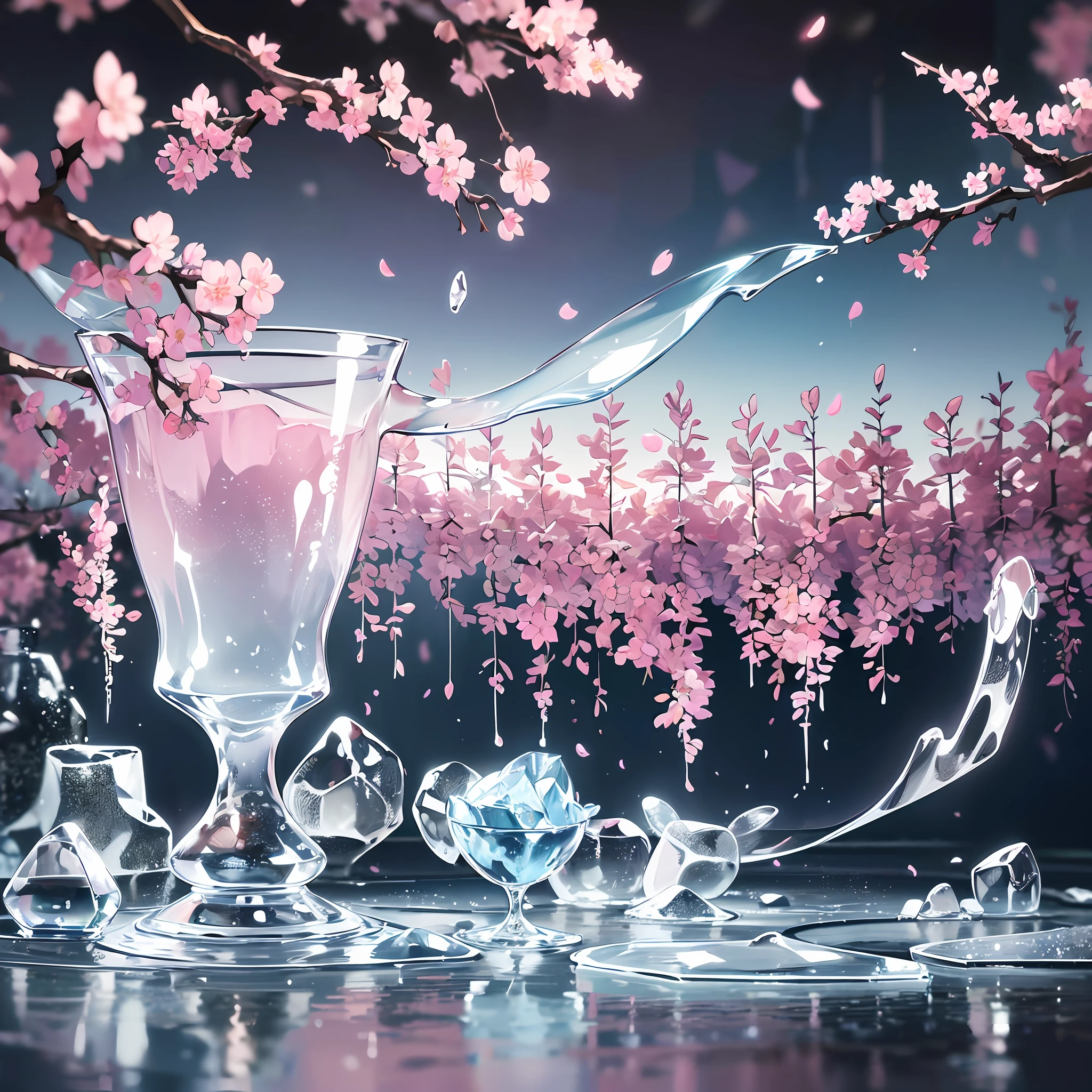 Computer, realistic fantasy, Extensive landscape ultra photography (general view showing a glass goblet, ice inside, fog, iceberg, cherry blossom branches), blurred background, gloomy, magic --auto --s2