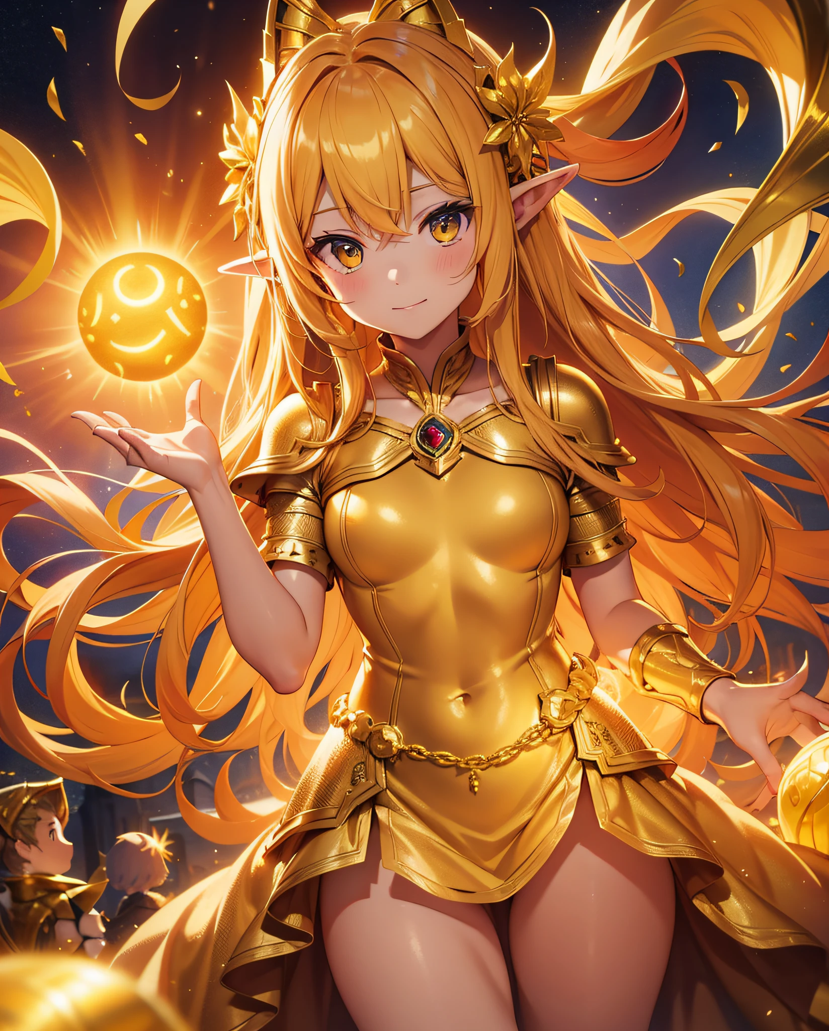 Elf, golden fizzy mane of hair, fuzzy glowing golden tentacles with yellow runes, sheer armor-like dress, gold and yellow floating mini sun, masterpiece, Best Quality