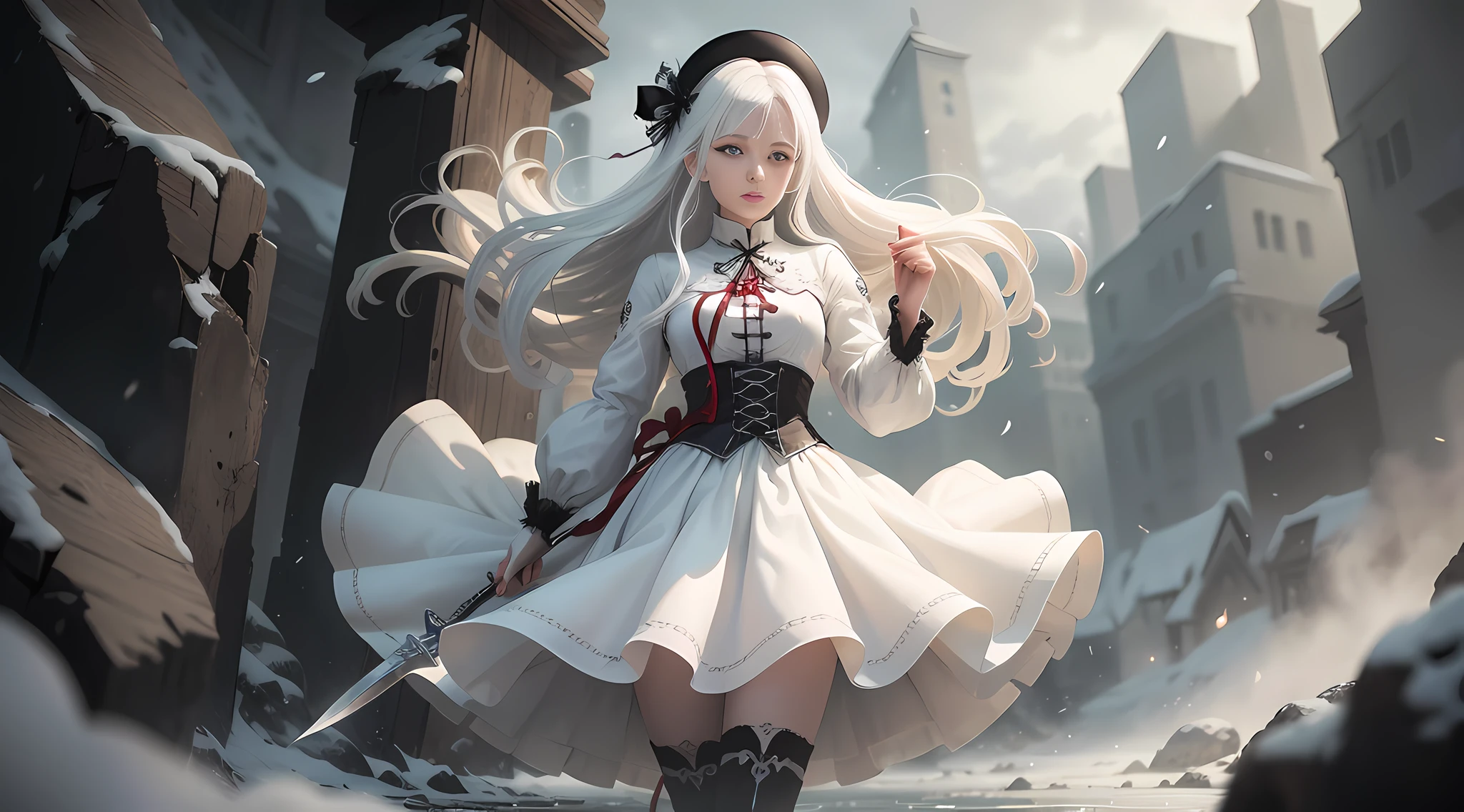(Excellent picture quality, strange style) At this moment, the wind is rippling, a knife called "Wind Chime Ghost Knife" is floating in the air, the sword sounds in the wind, and there is a ghost aura all around, (1 female character: 1.3), (white hair: 1.2, red ribbon, gray eyes), (black long skirt, white boots) It looks mysterious and strange, surrounded by a gloomy atmosphere, as if hiding some dangerous secret.