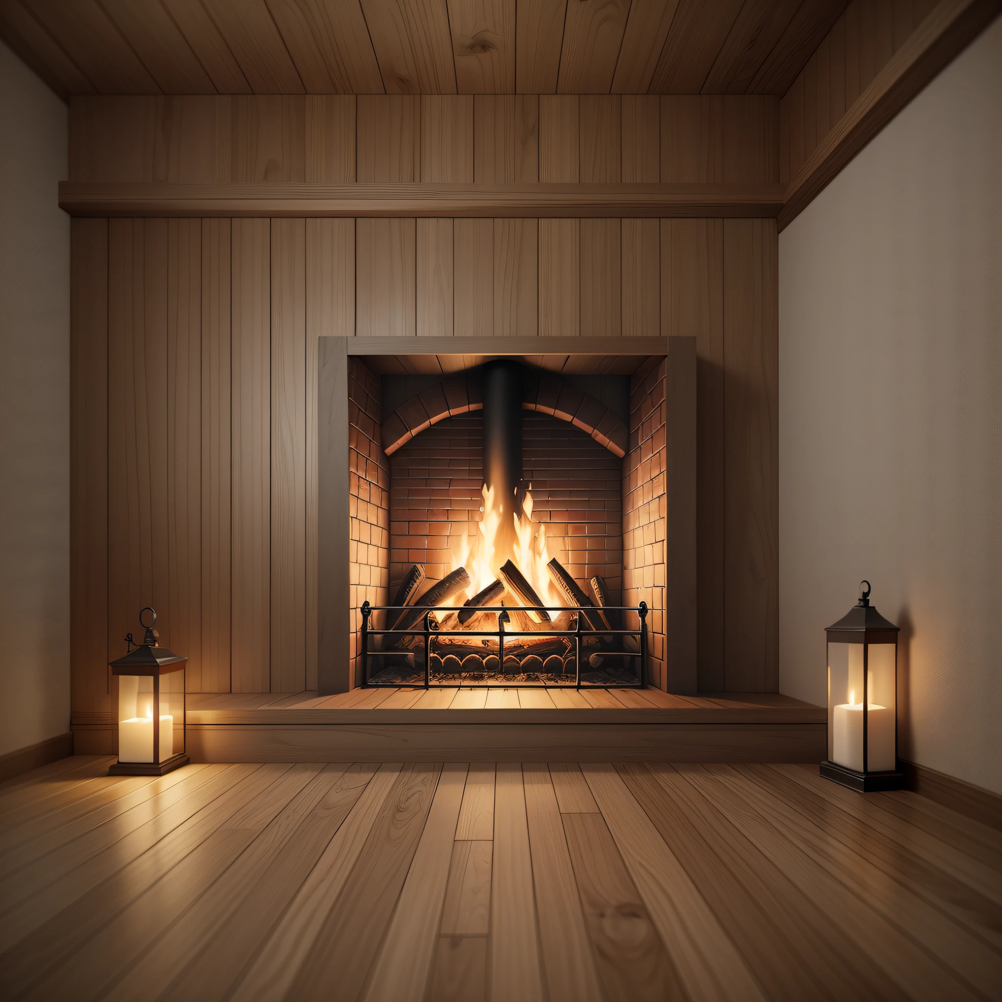 Large area of wooden wall, fireplace, night, realistic style, vintage tone, front view