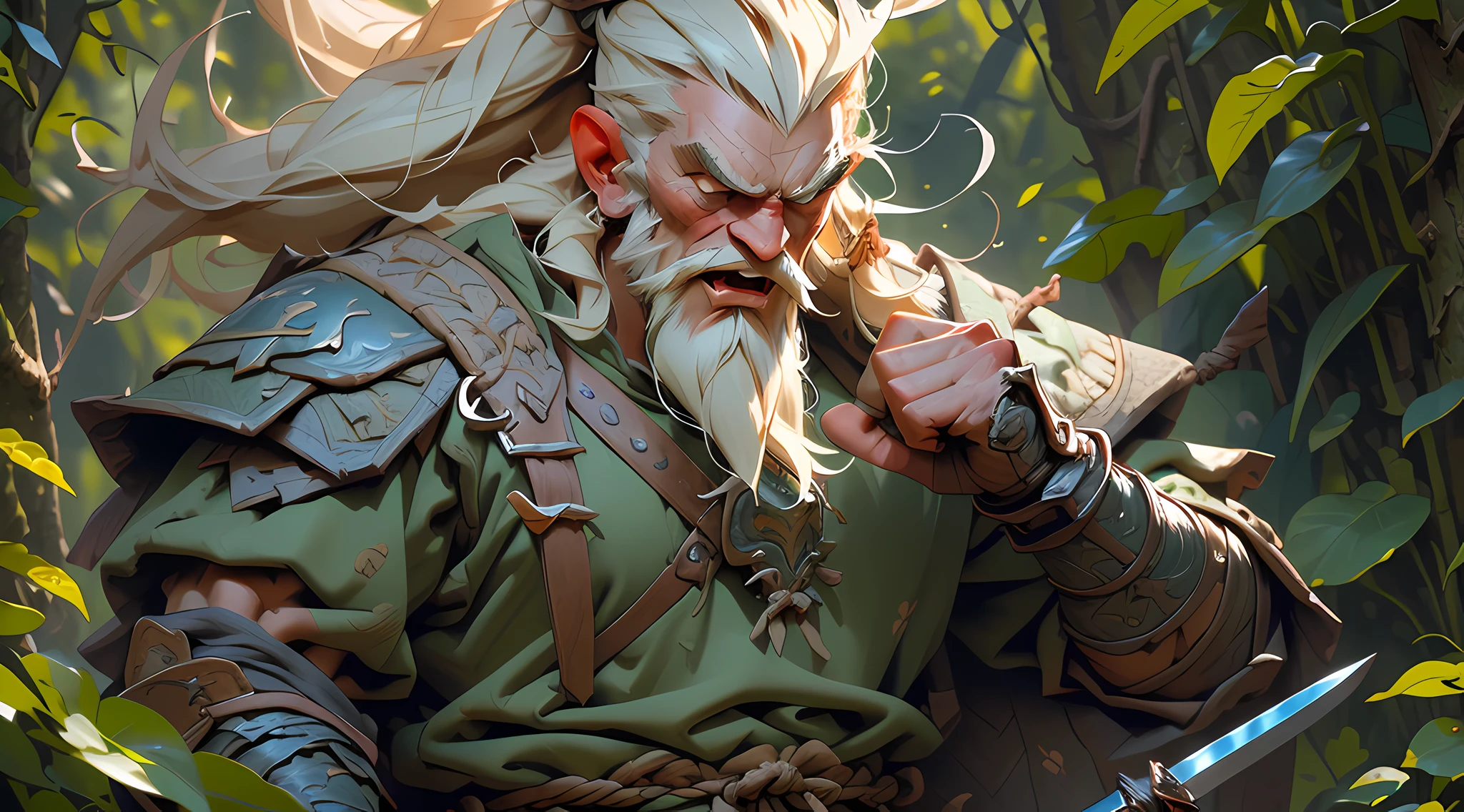(an ultra-realistic portrait of a battle-hardened viking in his 70s), masterful craftsmanship, best quality detailing, powerful screaming expression, unruly viking hair, armored pants, defined chest and sinews, scarred and serious facial expression, deep green forest background.