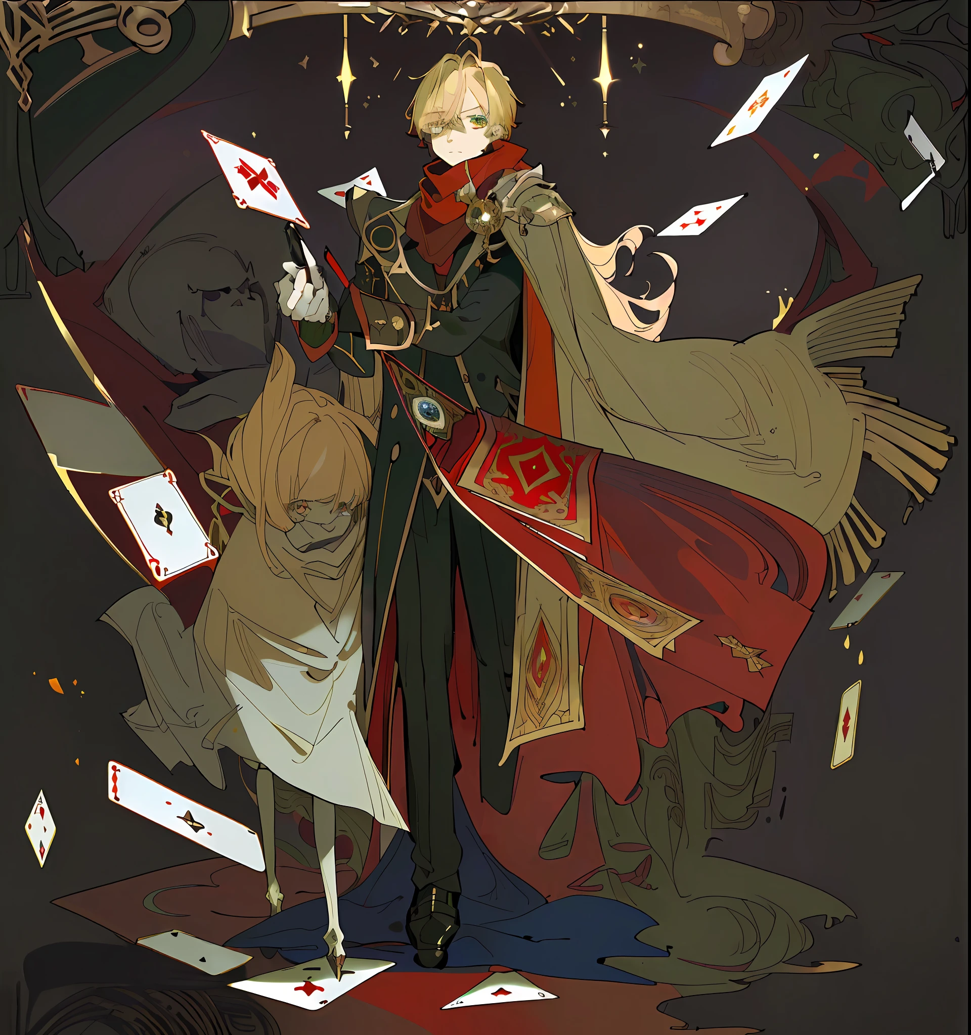 (1 male, (Ultra HD CG painting, best image quality): 1.2, (Unique art style | weird red, vampire, noble): 1.2, (blonde hair + green pupils, monocle in one eye, scarf, long coat, 1 eye and 2 pupils: 1.2, dignified and elegant), (blue pen, scholar image: 1.2), (elegant light and shadow change + vivid chiaroscuro: 1.2), (gorgeous background, cards, design drawings, gorgeous Alphonse Muschataro cards, mysterious and gentle):1.2)