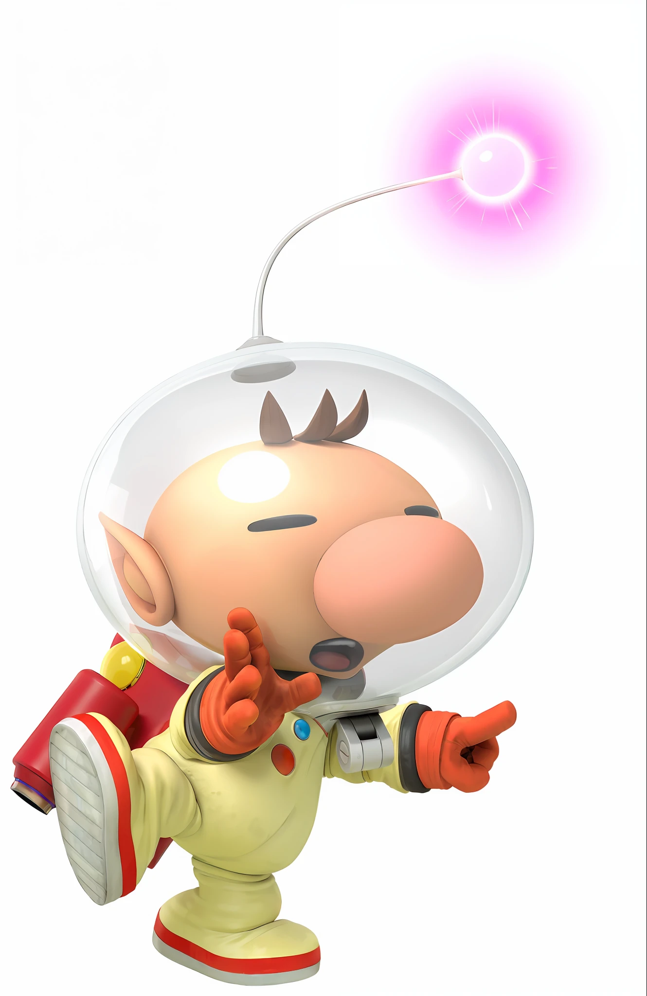 spacesuit, Captain Olimar, Pikmin, yellow spacesuit, boy in transparent helmet, big nose, stupid hair, blind eyes,