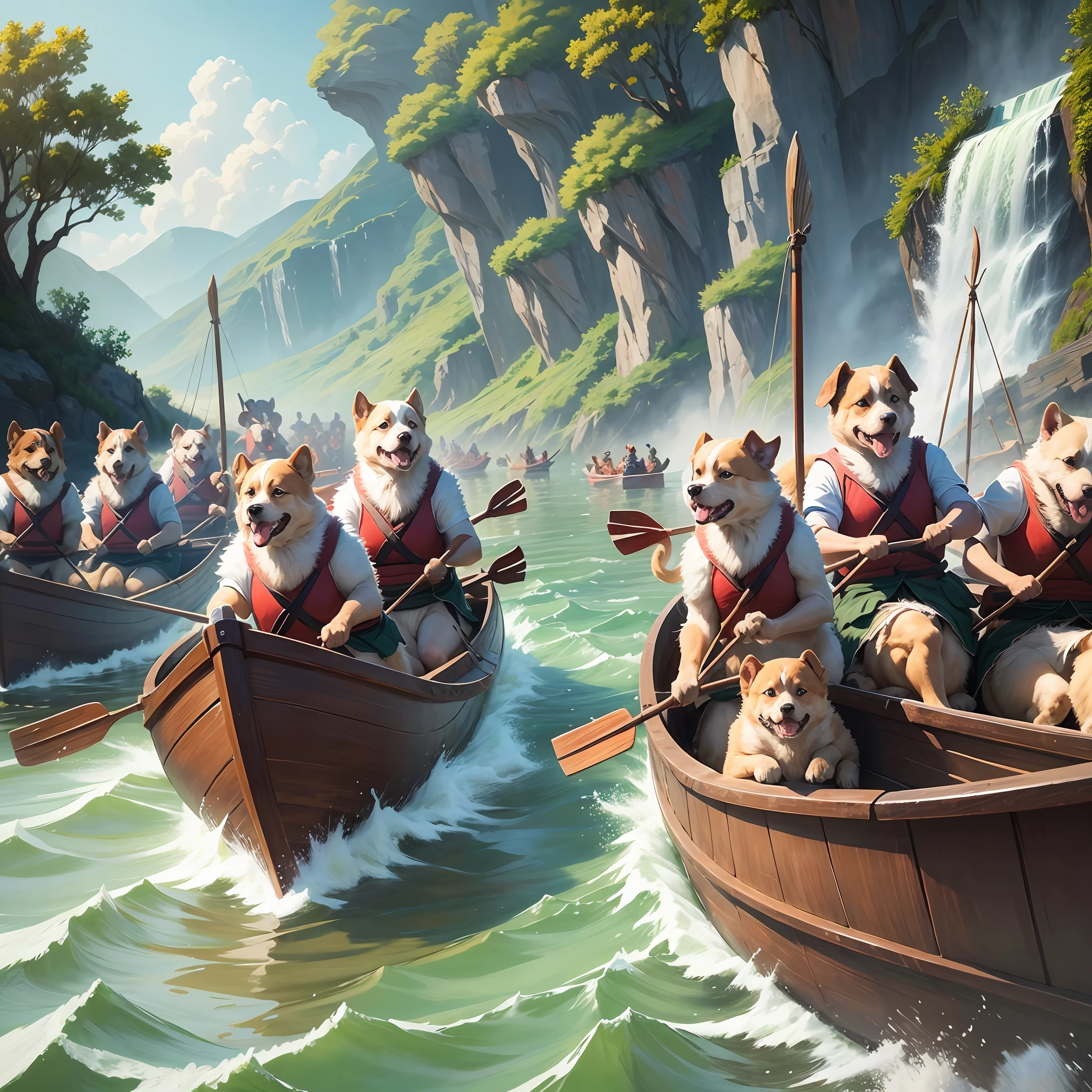 A group of puppies rowing a dragon boat like a person, realistic depiction, tense atmosphere, splashing, positive perspective, 8K, high quality --auto --s2