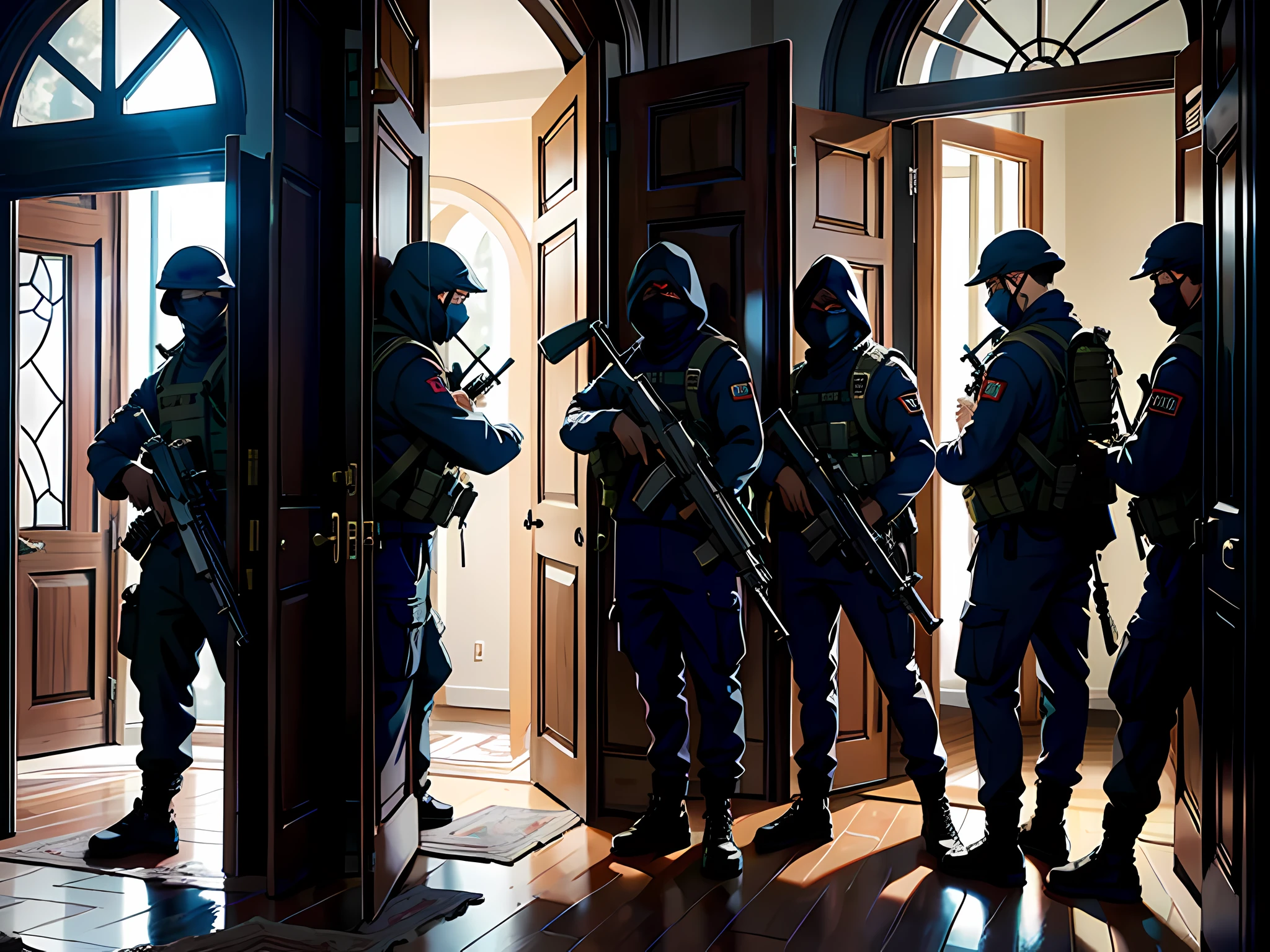 A huge villa with countless militants standing in the doorway, AK47s in hand