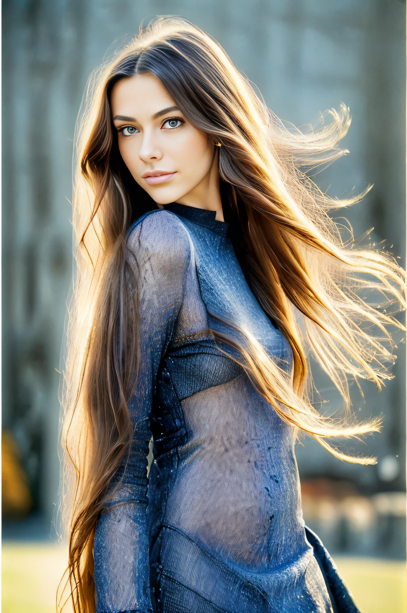 1 Full shot,girl, dasha, portrait photography, beautiful young woman with transparent western tunic dress,long_hair, realistic, eyes visible through hair, proper eye position, natural skin, backlight, cinematic light, rim light, soft light , hips, in night time, city side background, detailed color graded background, intricate , highly detail, octane render,HDR, HD, 8k, by Annie Leibovitz