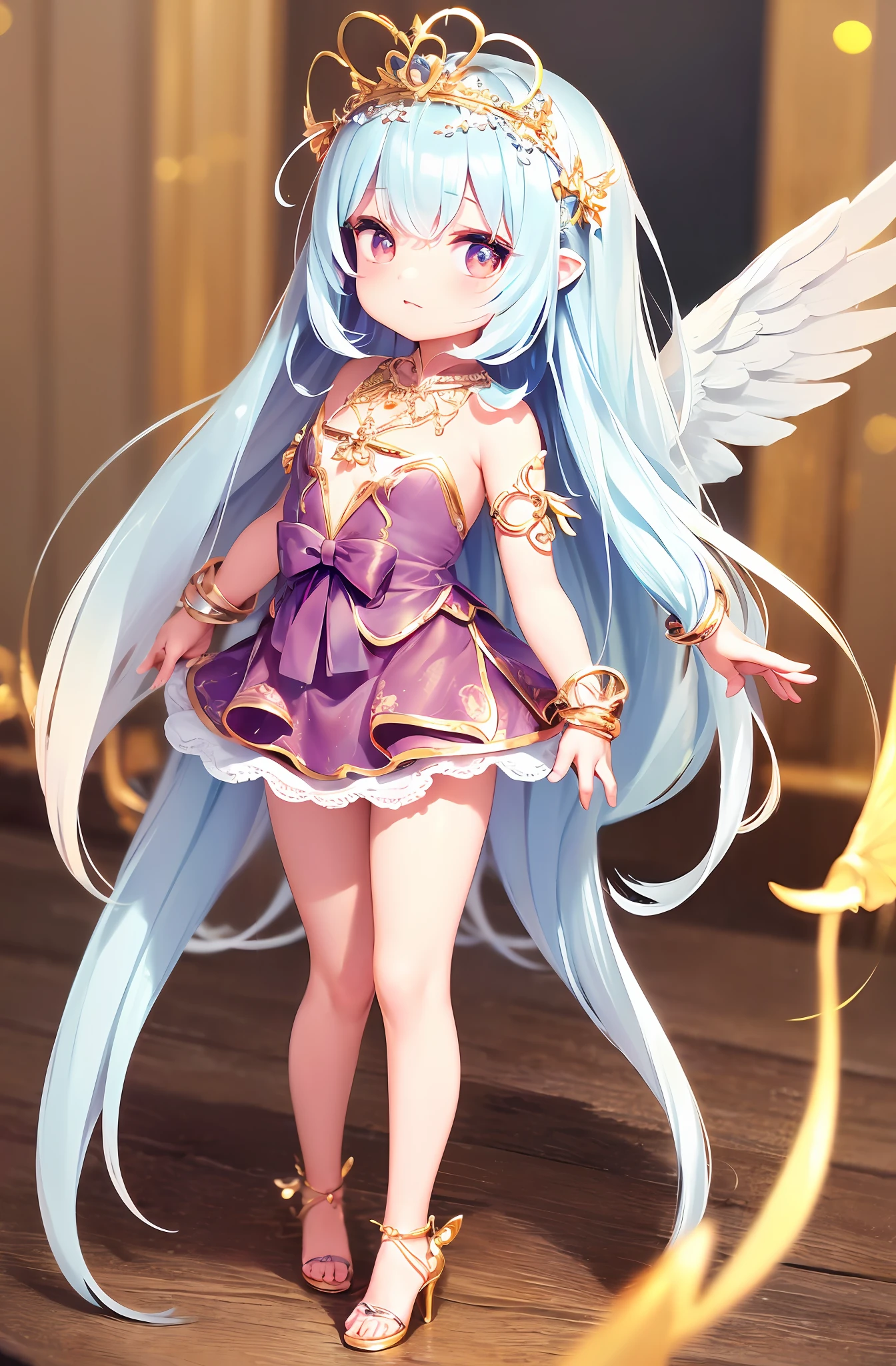 (Chibi: 1.3), (Masterpiece: 1.4), (Best Quality: 1.4), (Very cute angel girl, super detailed face, jewel-like eyes, white very long hair, colorful gradient hair: 1.4), (Angel Ring:
1.4), (Angel Wings: 1.4), (Full Body, Perfect 2 Arms, Perfect 2 Legs: 1.4), (Perfect 4 Fingers: 1 Thumb), Light, Shine, Bokeh, Super Fine, Full Body, Standing
