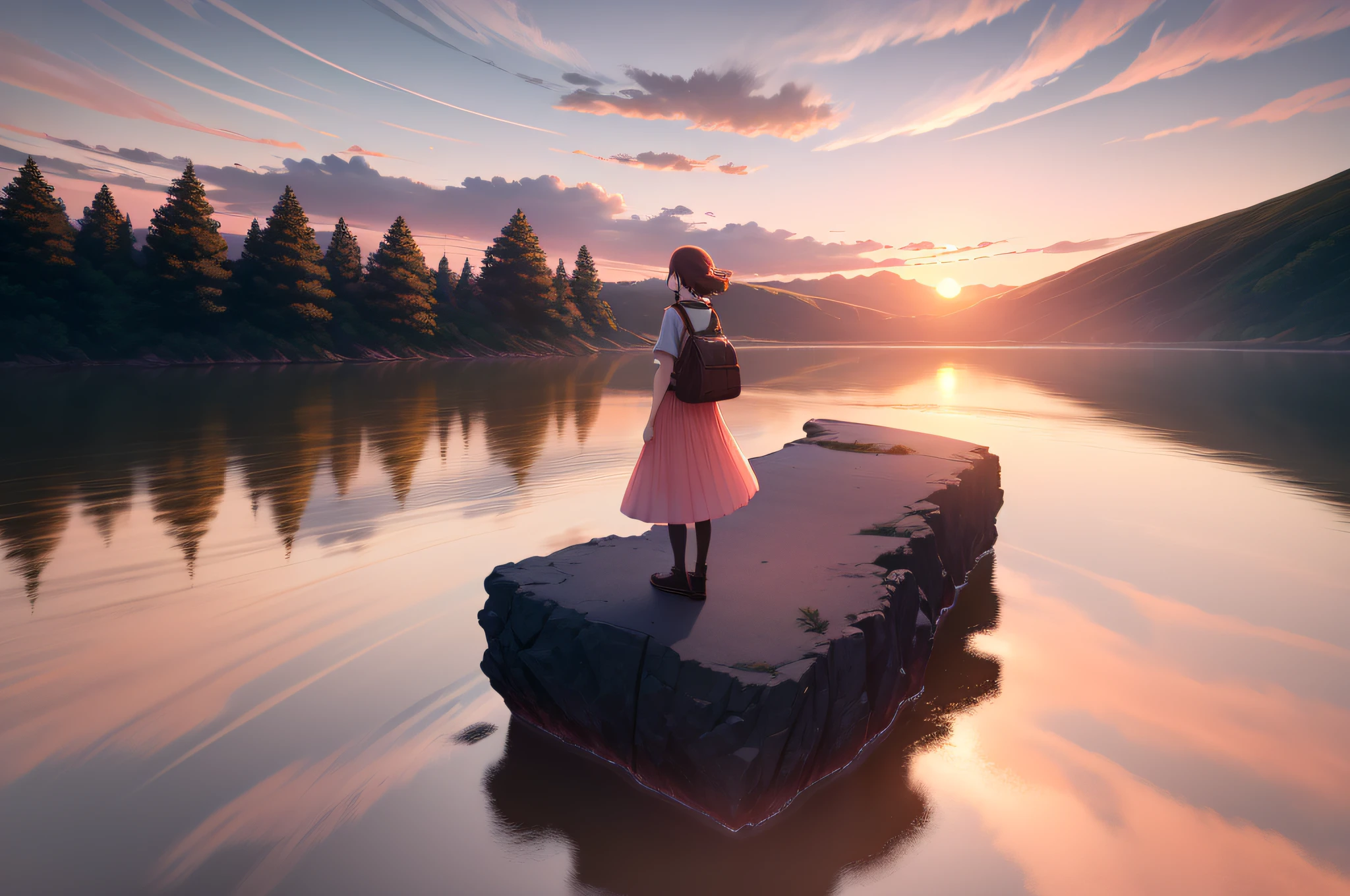 Horizontal angle, landscape, pink orange tone, mirror lake, far shadow, sunset, sea of clouds, figure standing in the middle, long skirt girl, Shinkai Makoto style, anime