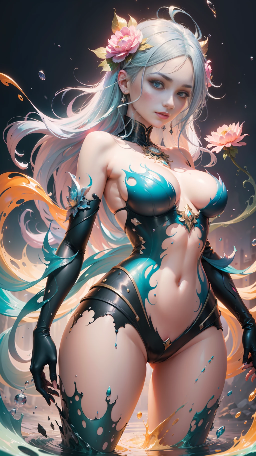 splash art, a close up liquid
luminous moon lady made of colors, silver, , pink, teal, light green, , grey golden, liquid fire peony flowers, filigree, filigree detailed , swirling water flames , color drops, color waves, moonlight, splash style of colorful paint, hyperdetailed intricately detailed, unreal engine, fantastical, intricate detail, splash screen, complementary colors, fantasy, concept art, 8k resolution, deviantart masterpiece, oil painting, heavy strokes, paint dripping, splash arts, , fantasy art, by Yanjun Cheng, guweiz, by atey ghailan, Greg Rutkowski, greg tocchini, Sakimichan , Bowater, artgerm, wlop. concept art, centered composition perfect composition, centered, intricated pose, intricated,