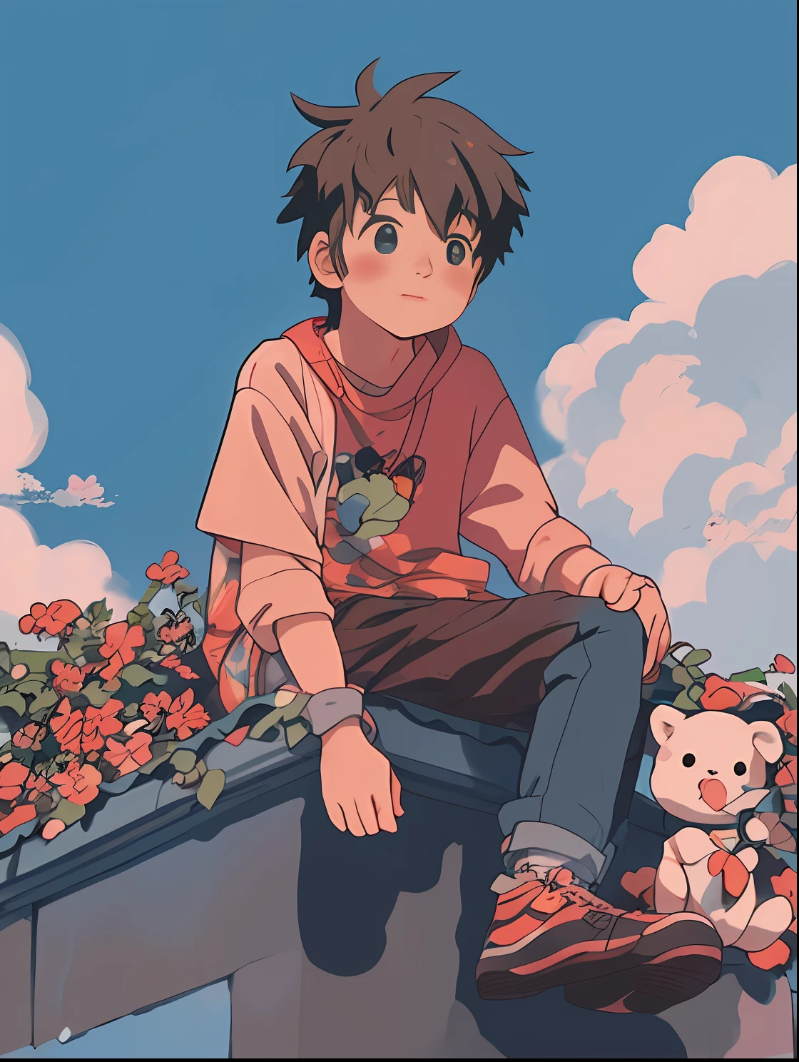 anime boy sitting on a ledge with stuffed animals, cute art style, lofi artstyle, cute detailed digital art, anime aesthetic, cute anime, high quality anime artstyle, anime boy, anime artstyle, cute detailed artwork, soft anime illustration, lofi girl, lofi aesthetic, lofi art, lofi, cute artwork, high quality fanart, illustrated anime