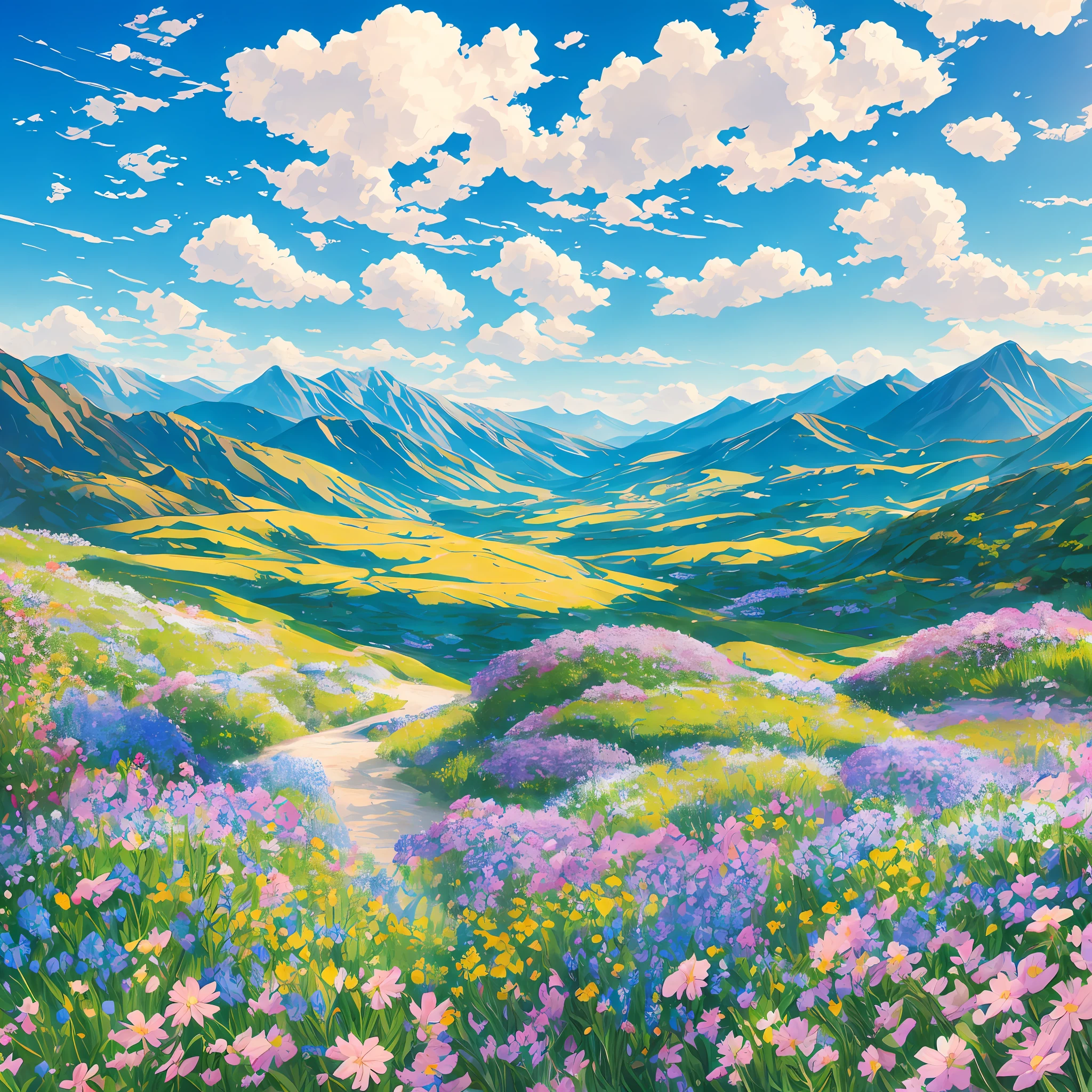 "A winding path is surrounded by a sea of flowers. Mountains, white clouds, and blue sky are in the distance. The sun's rays shine down from the upper right corner of the frame, casting exaggerated, bright light." --auto --s2