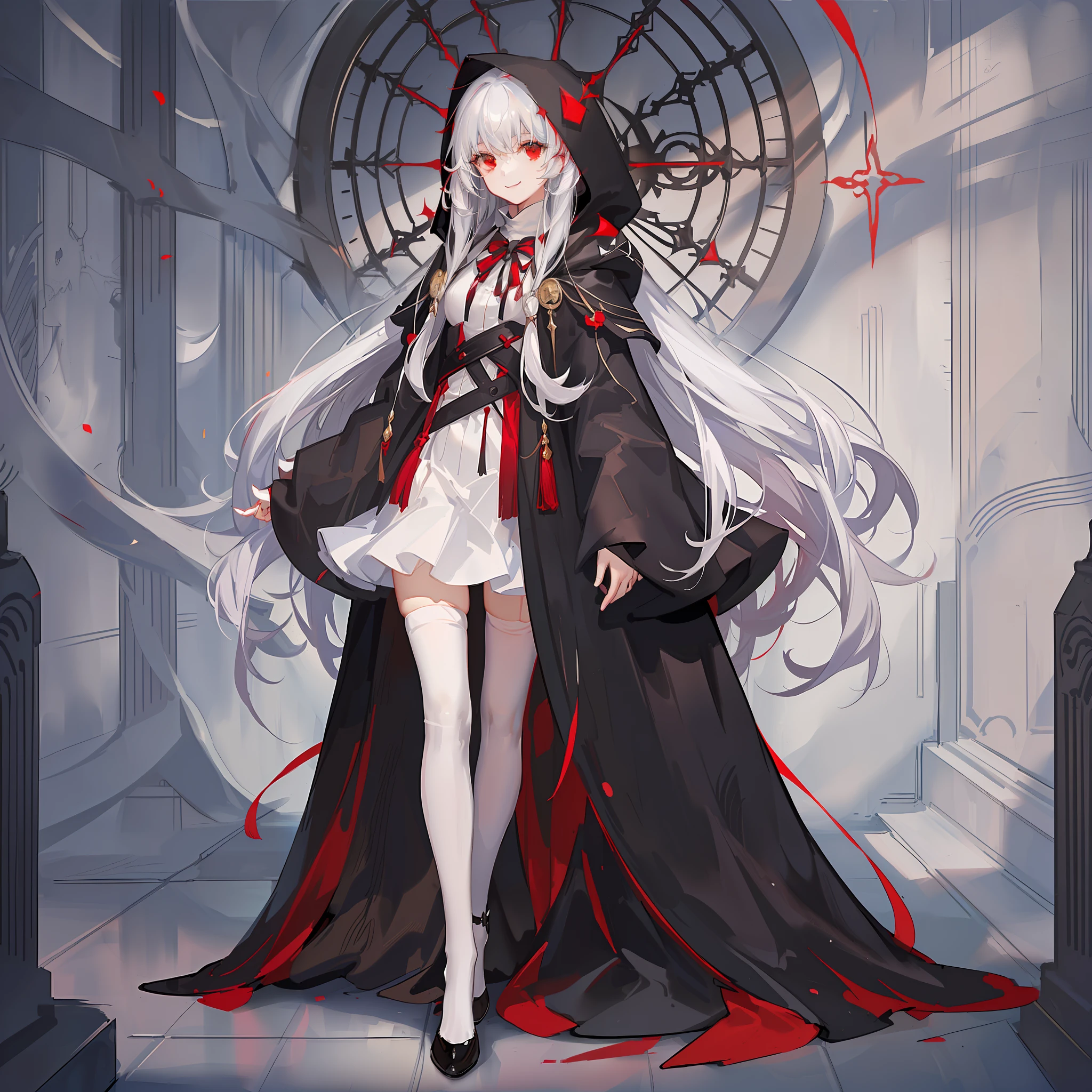 Maiden, white stockings, playful smile, round red thread striped road black robe, hood, cape, red eyes, long white hair, standing posture, full body, mage, holy girl