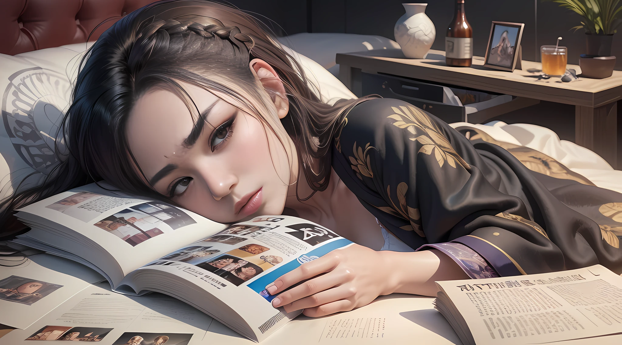 (Fei Danxu hyperrealistic art style, Tumblr, surreal, woman lying in bed, holding magazine and beer,) (Female fatigue, movie stills rest, HD shot) (Bed covered with blanket, blanket, active hand-drawn lines, Canon EOS 5D Mark IV photo)