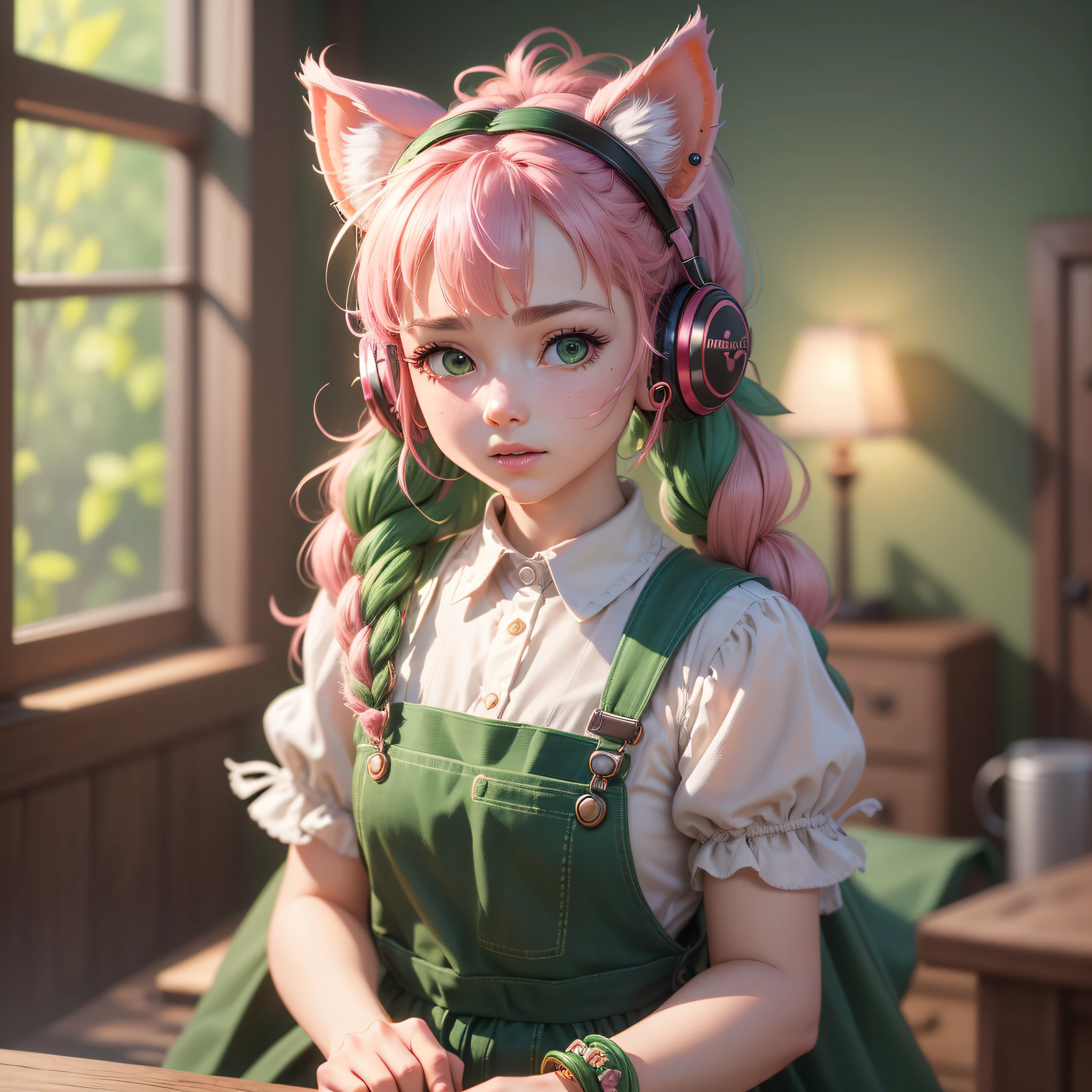 (Extremely detailed CG Unity 8k wallpaper, masterpiece, best quality, super detailed), (best lighting, best shadow, extremely delicate and beautiful), floating,
	
[(Headbands, earrings, (green: 1.5|red: 1.2) braided pig's tail hair with kitten headphones, (pink: 1.3) overalls) :: 0.8] --auto --s2