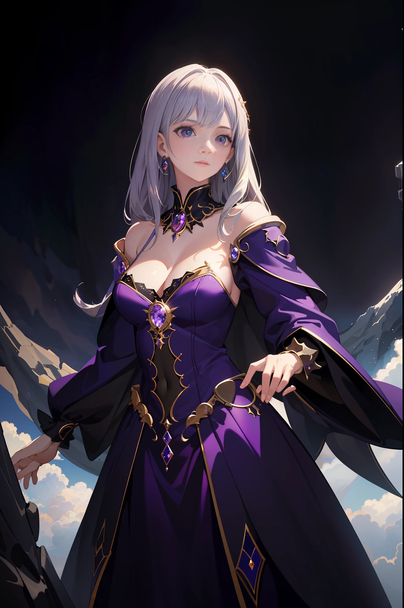 (Masterpiece, Fine and Meticulous Beautiful Eyes: 1.2), ultra-detailed, illustration, a mysterious and mysterious witch dressed in a deep purple robe, standing in a world of her own creation, surrounded by a swirling cloud of arcane magic. , detailed background, (realistic: 2), volumetric light, sunlight, rays, sky, clouds, crystal diamonds