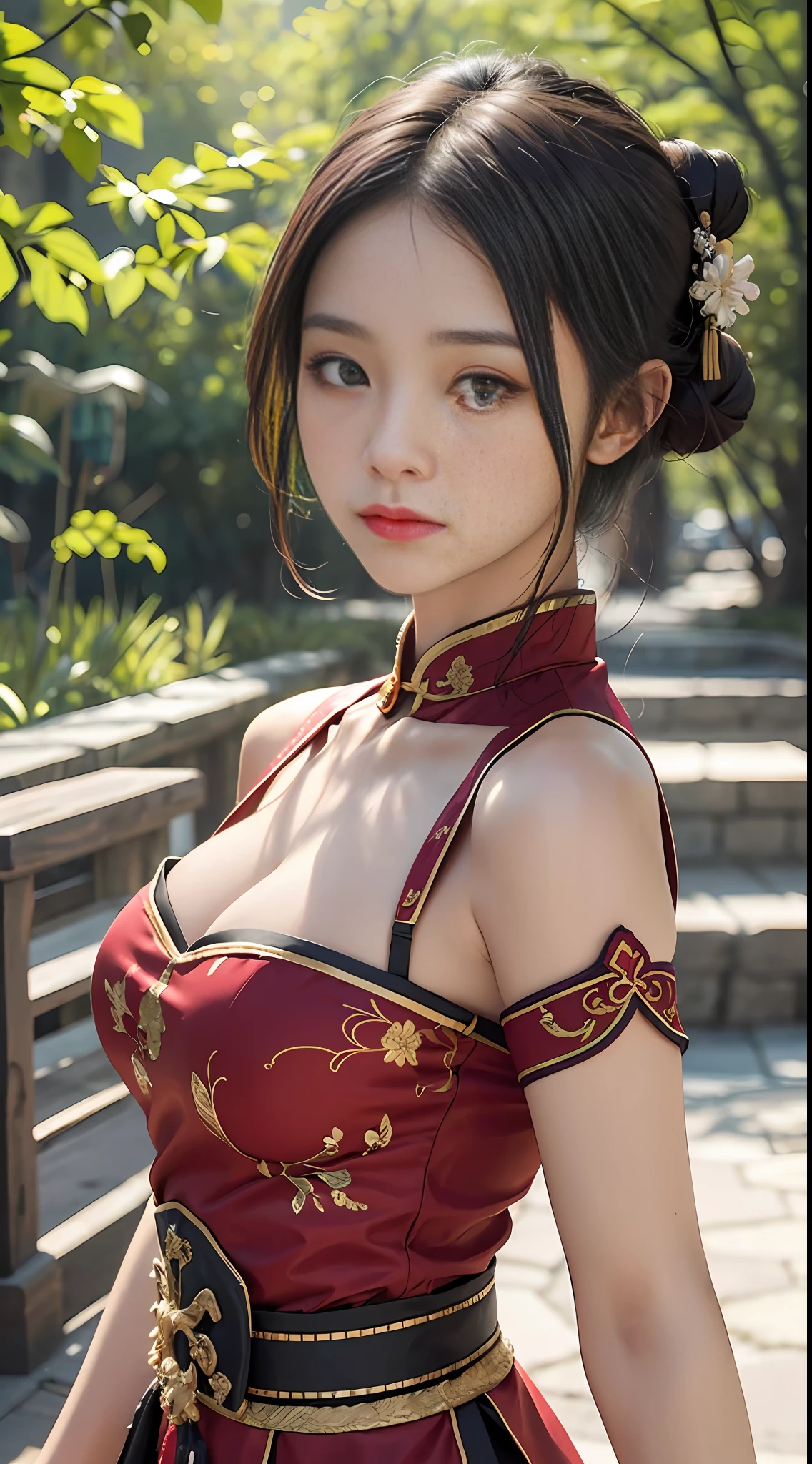 (Best Quality, 8k, 32k, Masterpiece, UHD: 1.2), (Songjiang: 1.5), Masterpiece, Best Quality, Raw Photo, Photorealistic, Face, Incredibly Absurd, Beautiful Girl, Cute, Short Hair, Depth of Field, High Resolution, Ultra Detail, Fine Detail, Very Detailed, Very Detailed, Highly Detailed Eyes and Face,Chinese Girl, Wuxi Style, Shinobi on the left cheek. The setting is sunny, and she is dressed in a short Chinese traditional dress, holding a spear and tying her hair into two buns. Colossal breasts