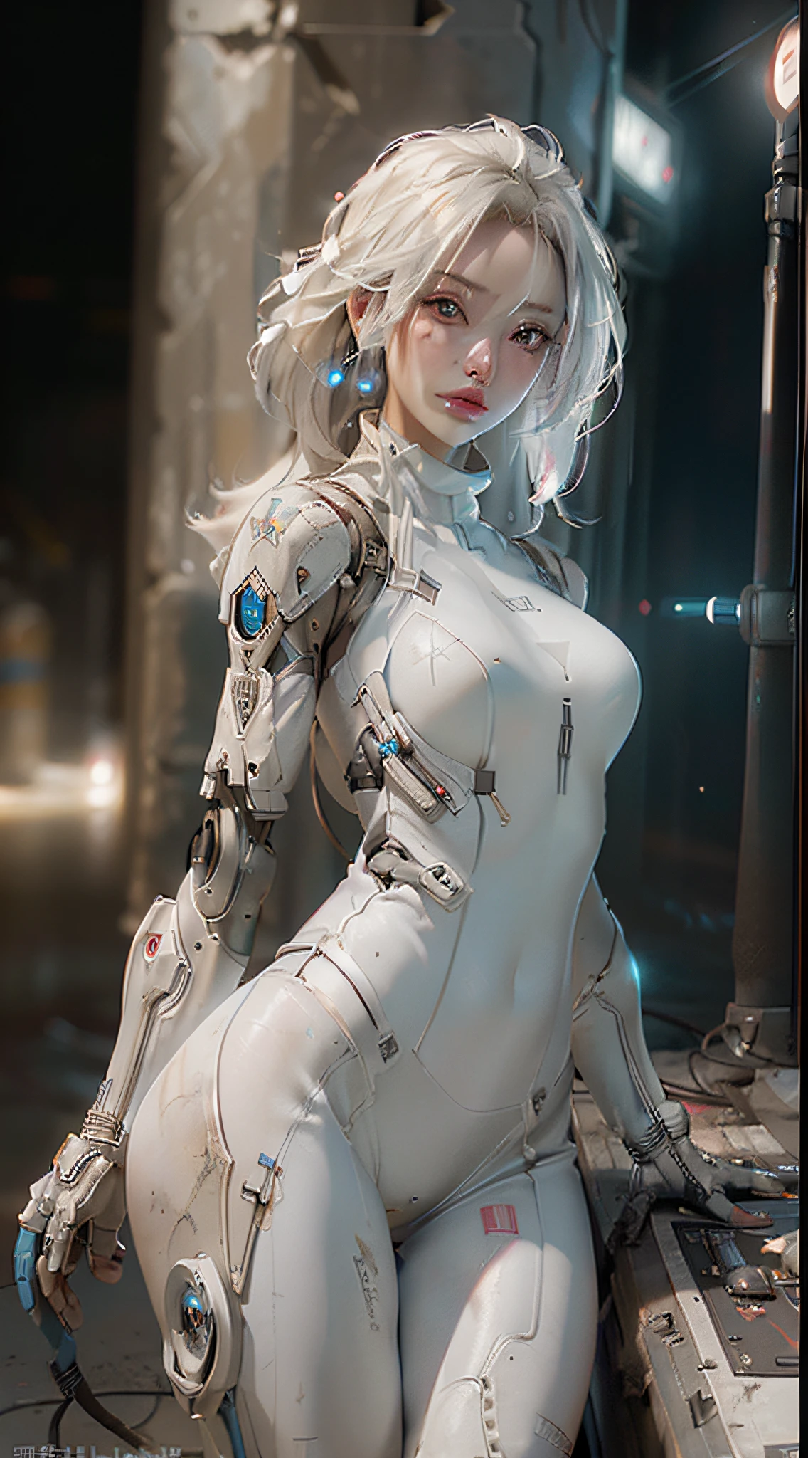 ((best quality)), ((masterpiece)), ((realistic)), (detailed), (photorealistic:1.5), a futuristic girl, (thick body), (white bodysuit), lights on armor, cybernetic headwear, looking at viewer, dynamic pose, post apocalyptic, destroyed city background, buildings on fire, science fiction, hdr, ray tracing, nvidia rtx, super-resolution, unreal 5, subsurface scattering, pbr texturing, post-processing, anisotropic filtering, depth of field, maximum clarity and sharpness, rule of thirds, 8k raw, (luminescent particles:1.4), (extremely detailed cg, unity 8k wallpaper, 3d, cinematic lighting, lens flare), reflections, sharp focus, cyberpunk art, cyberpunk architecture,