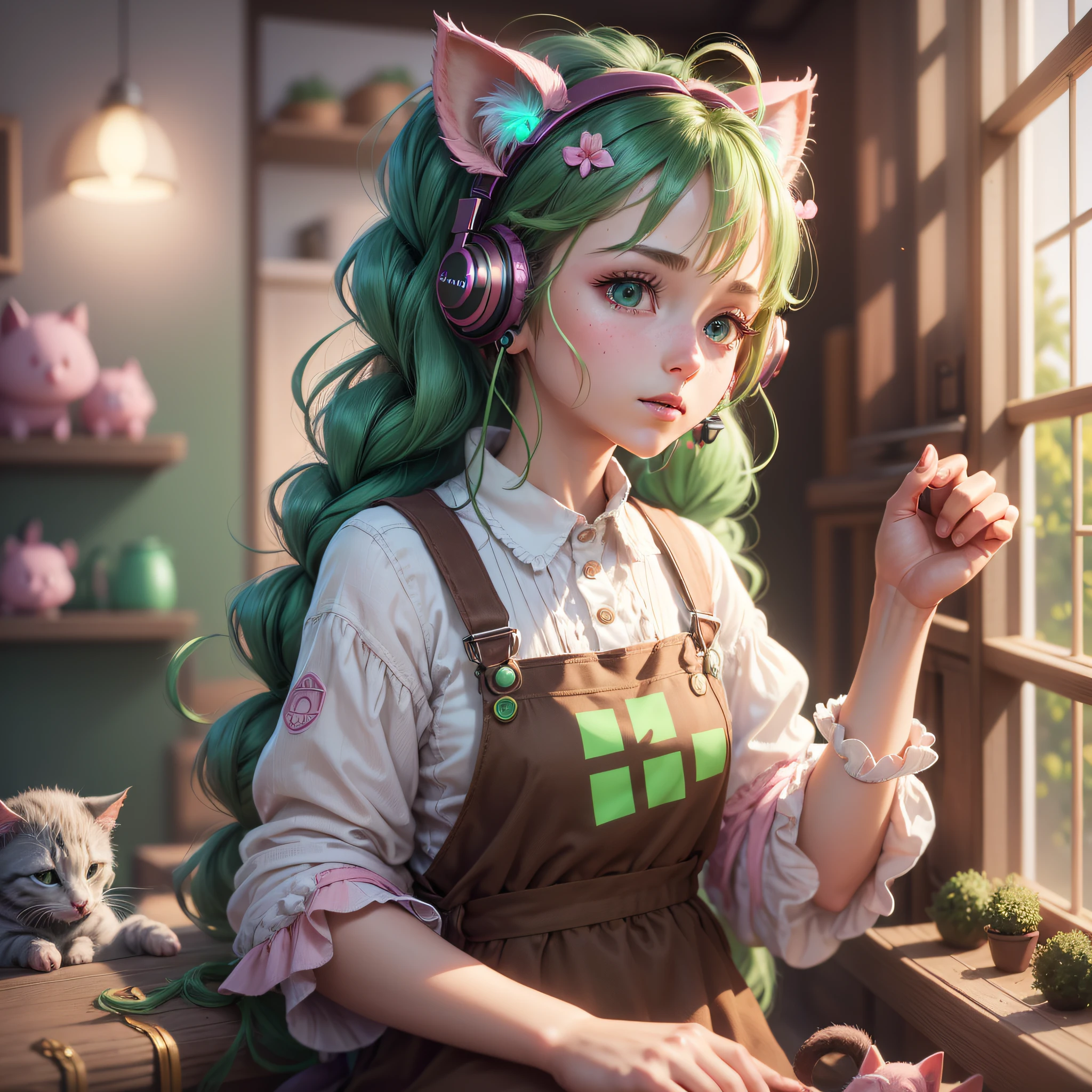 (Extremely detailed CG Unity 8k wallpaper, masterpiece, best quality, super detailed), (best lighting, best shadow, extremely delicate and beautiful), floating,
	
[(Headbands, earrings, (green: 1.5|red: 1.2) braided pig's tail hair with kitten headphones, (pink: 1.3) overalls) :: 0.8] --auto --s2
