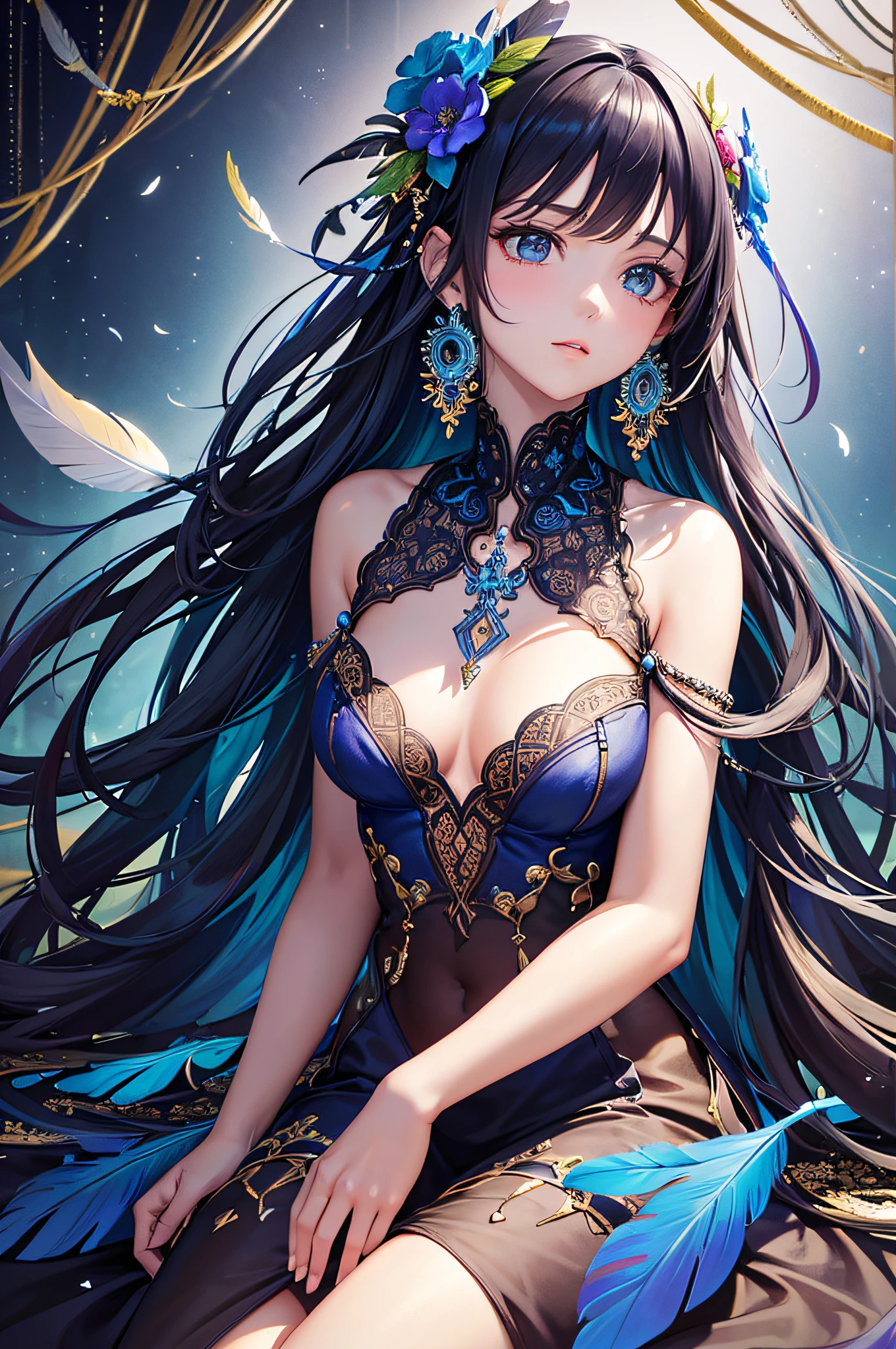 Rainy night, whole body, various angles, gentle expression, soft expression, kind eyes, small breasts, bare shoulders, indigo hair, colored feathers, metal ornaments, colored flowers, particles, rays, (masterpiece, highest quality, highest quality, official art, beautiful and aesthetic: 1.2), (1 girl: 1.3), highly detailed, (fractal art: 1.1), (colorful: 1.1) (flower: 1.3), best detail, ( Zentangle: 1.2), (Dynamic Pose), (Abstract Background: 1.3), (Glossy Skin), (Many Colors: 1.4), (Earrings: 1.4), (Feathers: 1.4)