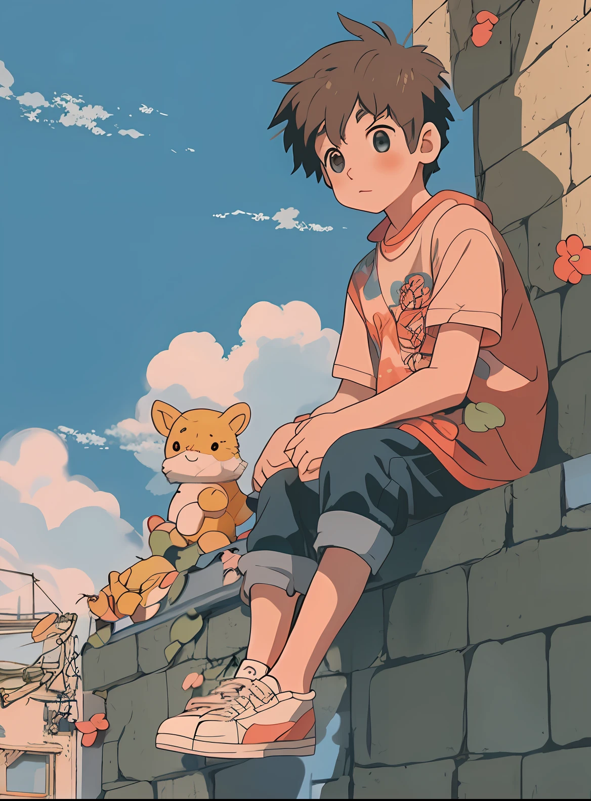 anime boy sitting on a ledge with stuffed animals, cute art style, lofi artstyle, cute detailed digital art, anime aesthetic, cute anime, high quality anime artstyle, anime boy, anime artstyle, cute detailed artwork, soft anime illustration, lofi girl, lofi aesthetic, lofi art, lofi, cute artwork, high quality fanart, illustrated anime