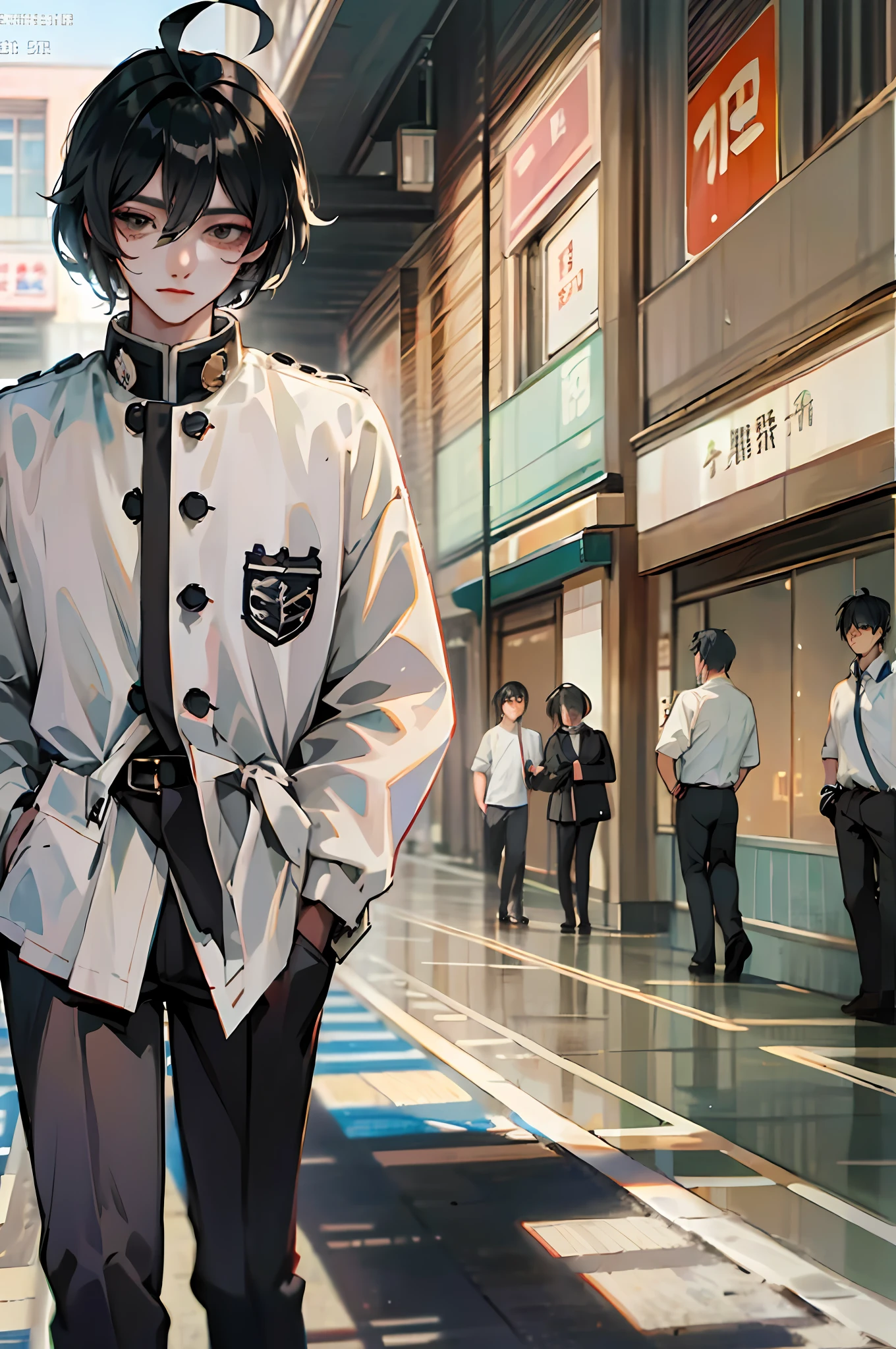 (Masterpiece: 1.2), Best Quality, Intricate, Stunning, Extremely detailed, Ridious, Illustrations, Line Art, Movie Lens, High School Boy, High, Sport, Detailed Face, Detailed Eyes, Black Eyes, Black Hair, Hair More Than One Eye, Ahoge, Wearing Gakuran, Detailed fabric accent, Red buttons, Standing, Hands in pockets, Naoezu High School Building, Crosswalk, ,8K --auto --s2