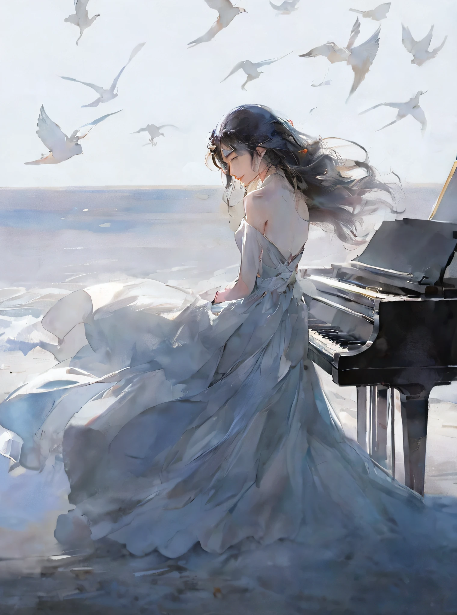 there is a woman sitting at a piano on the beach, guweiz, artwork in the style of guweiz, by Yang J, guweiz masterpiece, by Li Song, by Song Xu, beautiful anime, beautiful digital artwork, beautiful anime art, by Ni Tian, by Ye Xin, beautiful anime artwork, pianist --auto --s2