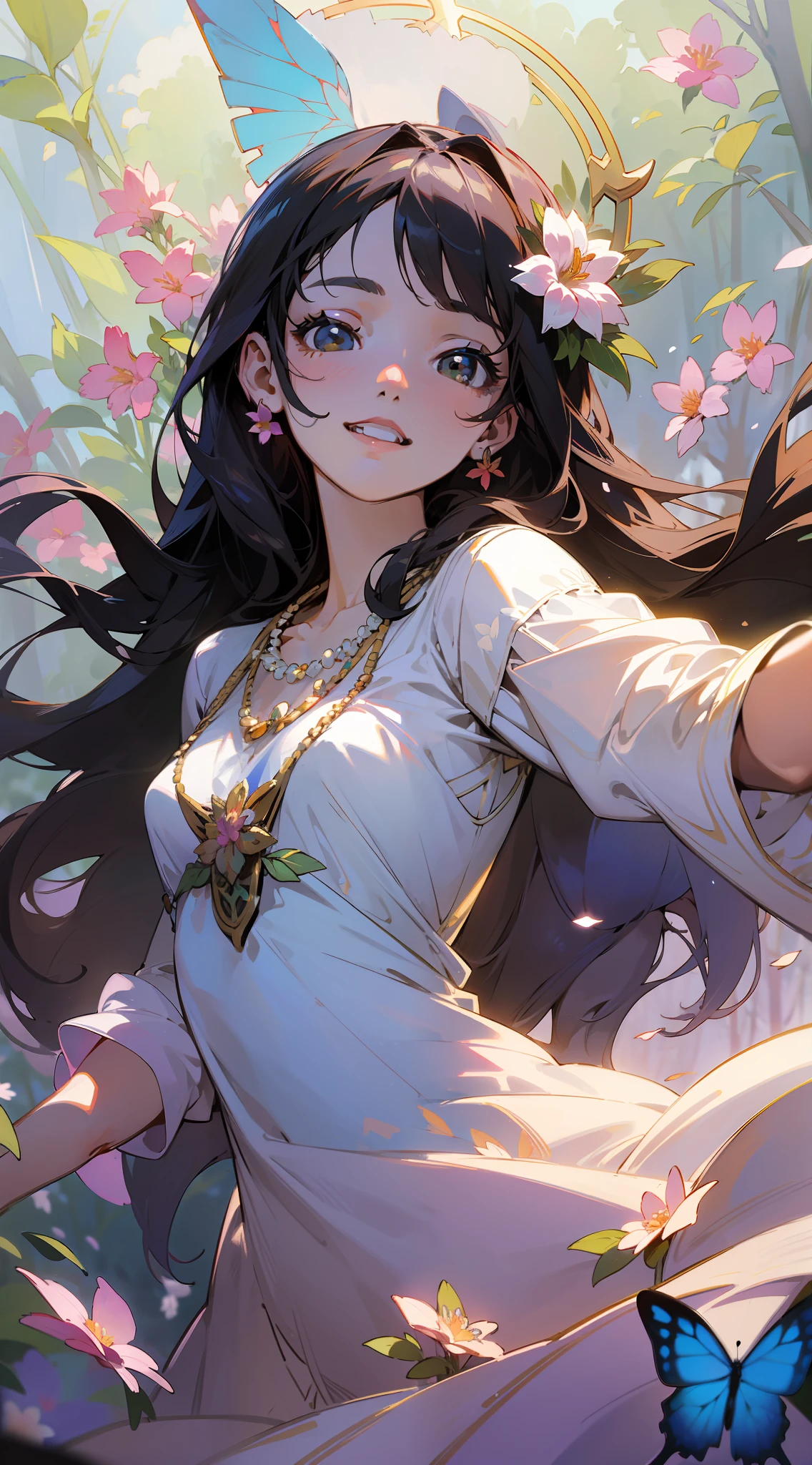 Alpha ounce Mucha, (decorative composition: 1.6), masterpiece, high quality, ((photorealistic)), cinematic direction, (high contrast), depth of field, (award-winning difference photo), face detail, detailed drawing, there is a place in the forest where flowers bloom, girl dancing in a snow-white summer dress in a flower garden, girl is 9 years old, very long hair with black hair, summer sky, summer clouds, (dazzling sunlight in summer: 1.4), flower garden, girl with open arms, necklace, flower crown, butterfly, fluttering petals, dynamic movement, (dance), smile, show teeth, (((flower))), liana, leaf, (dazzling halo),