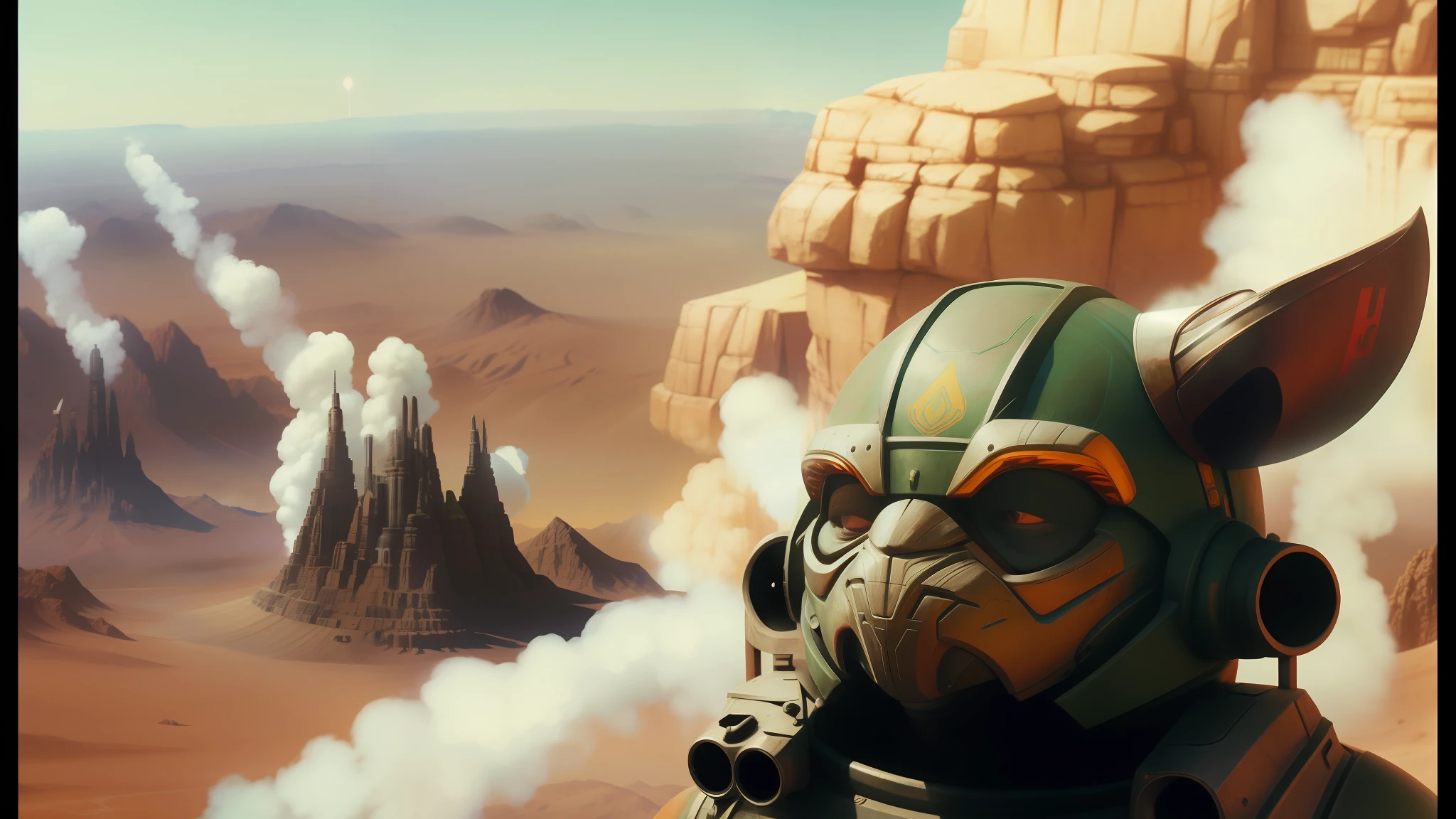 There's a Gremiln with a helmet on a mountain, film still of a growl, Android Jones and Chris Dyer, Martian City, Panorama Cinemascope, Missile Towers, Yoda Malignant, Matte Soft-Focus Paint, Hgrenades, Marc Brunet, Beautiful Artistic Rendering, Yutja
