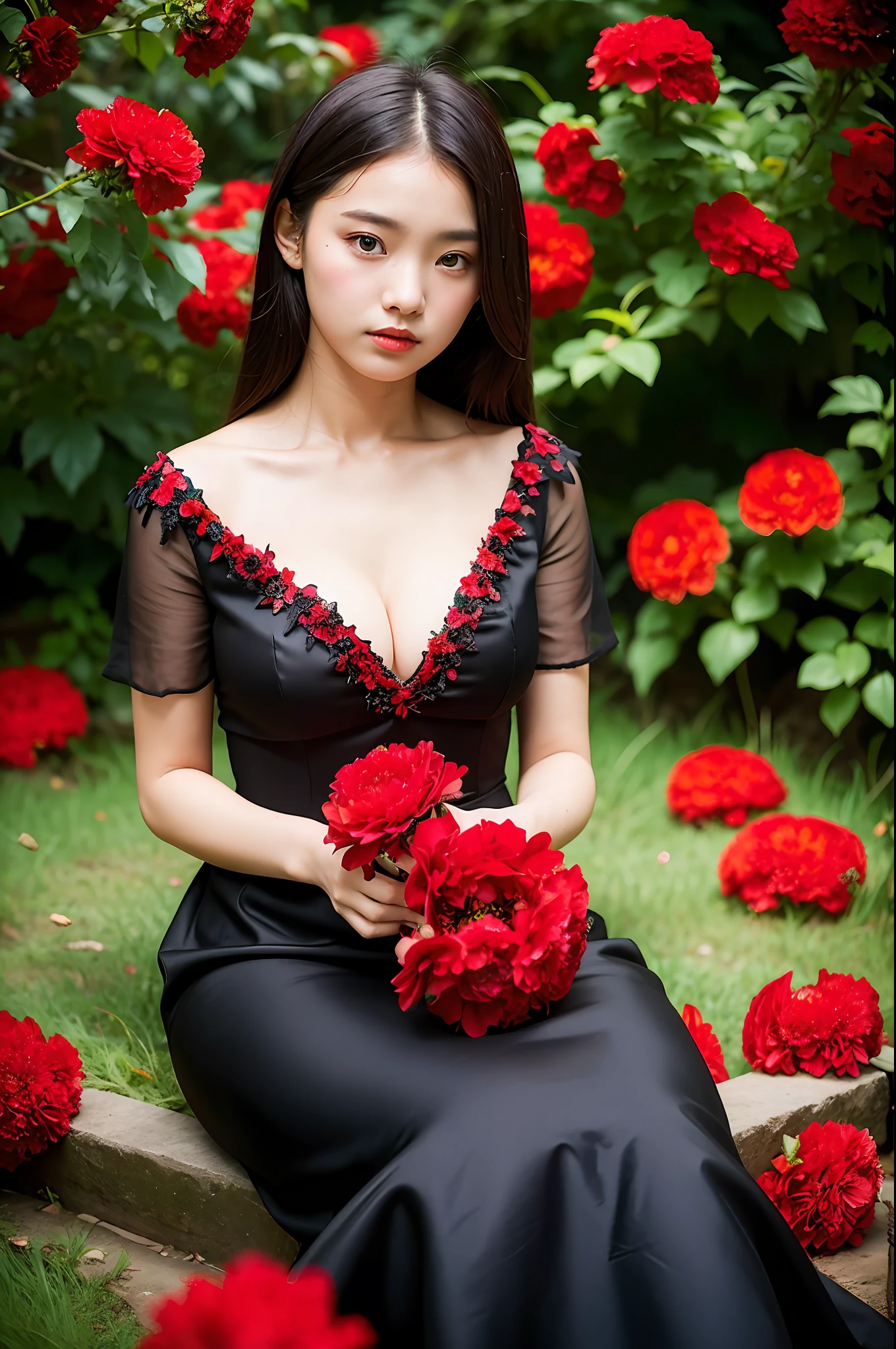 1girl, dark theme , (best quality, masterpiece:1.2), 18yo girl in garden, black cleavage dress, (red flowers mess in background:1.3)